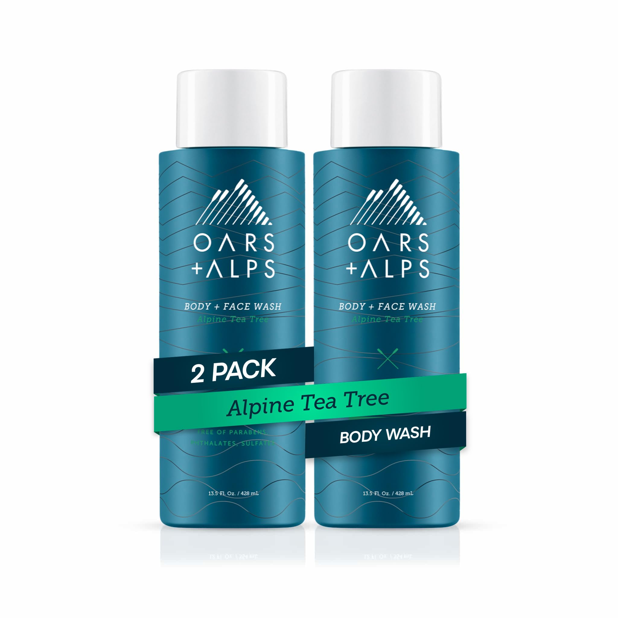 Oars + Alps Men's Moisturizing Body and Face Wash with Vitamin E & Antioxidants - Sulfate Free, Alpine Tea Tree Scent - 2 Pack for Daily Skincare & Post-Workout Refreshment