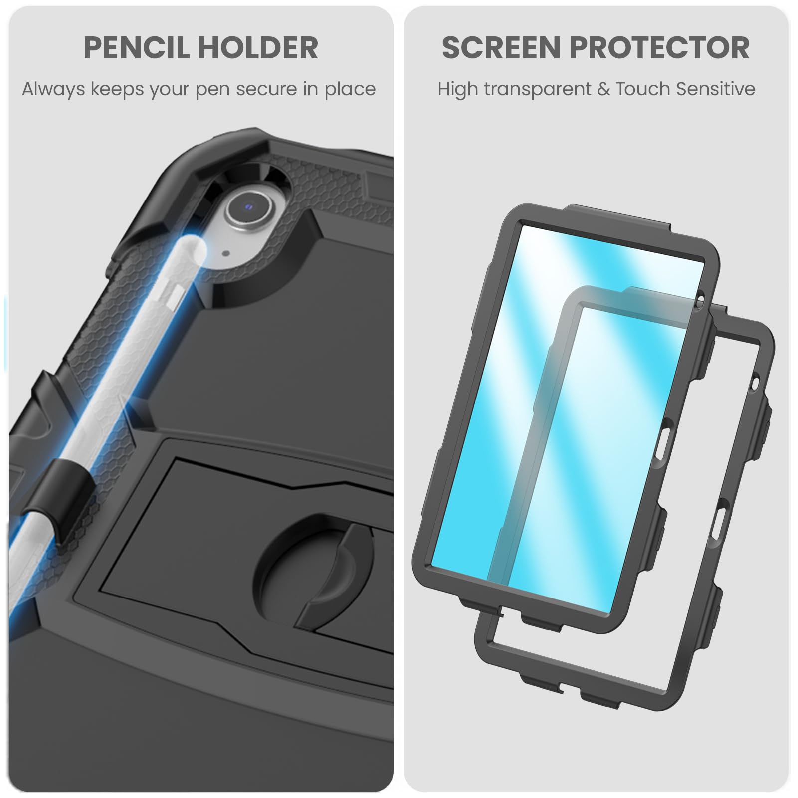 HXCASEAC iPad Case for 11th/10th Generation (2025/2022) 10.9-11 inch - Shockproof Protective Cover with Screen Protector, Pencil Holder & Foldable Stand - Compatible with iPad A2696/A2757/A3354 - Black - Perfect for Work, School & Travel