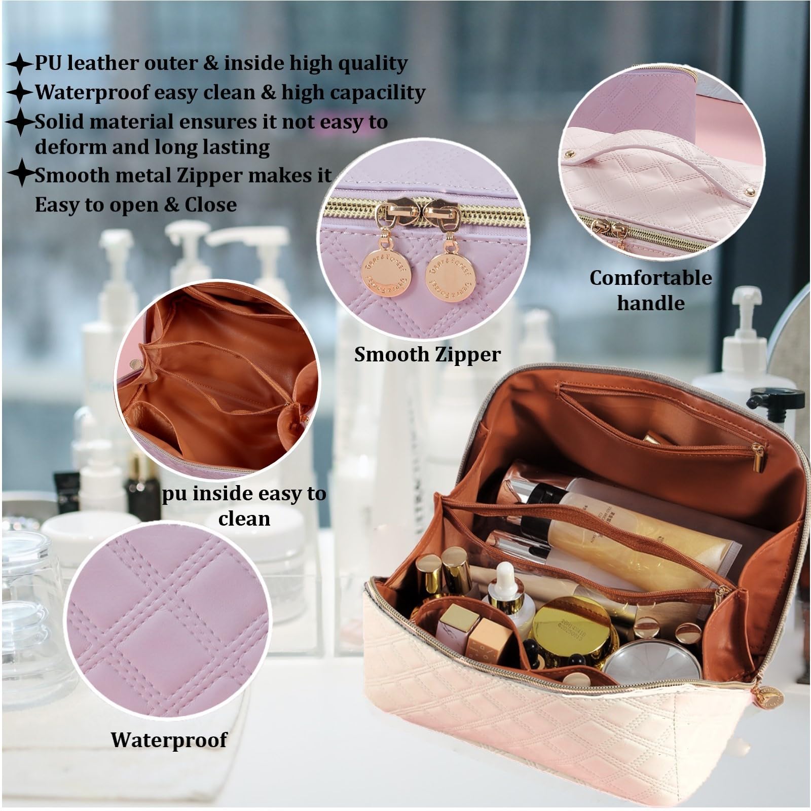 Large Capacity Waterproof Travel Makeup Bag - PU Leather Cosmetic Organizer with Divider & Handle, Portable Toiletry Bag for Women | Perfect for Air Travel, Gym, Vacation & Daily Use (Apricot White)