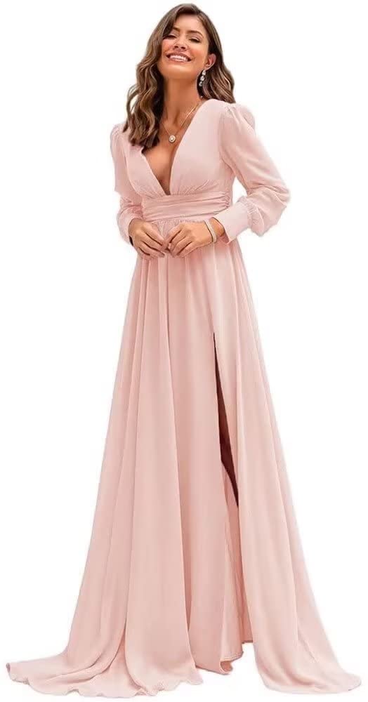 FANGHEIA Women's V-Neck Long Sleeve Chiffon Bridesmaid Dress with Slit - A-Line Pleated Prom & Formal Evening Gown for Weddings, Parties & Special Occasions