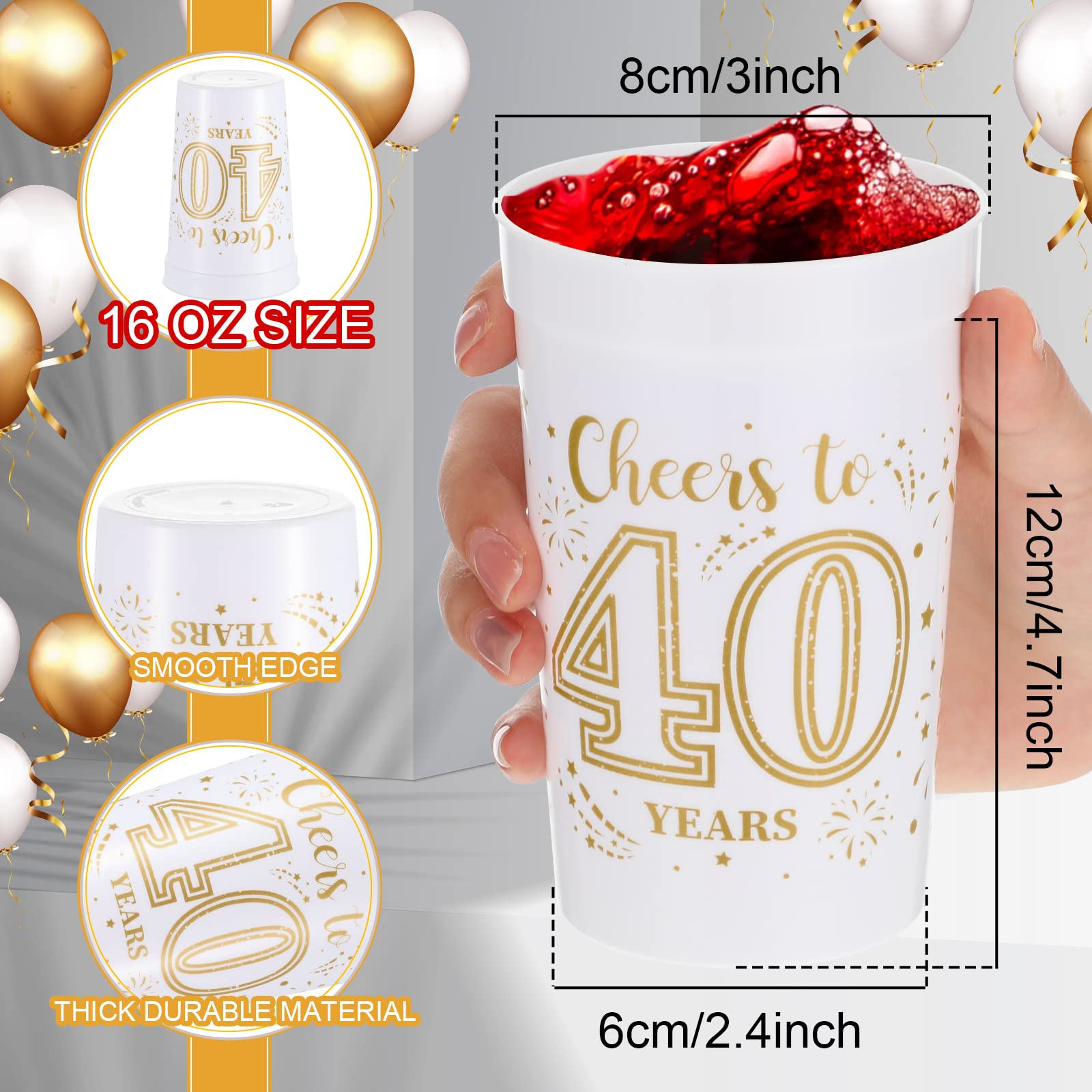 Lallisa 40 Pcs 16 oz Gold & White Plastic Stadium Cups - 40th Birthday Party Decorations & Favors for Cheers to 40 Years Celebration - Perfect for Birthday Parties, BBQs, and Outdoor Events