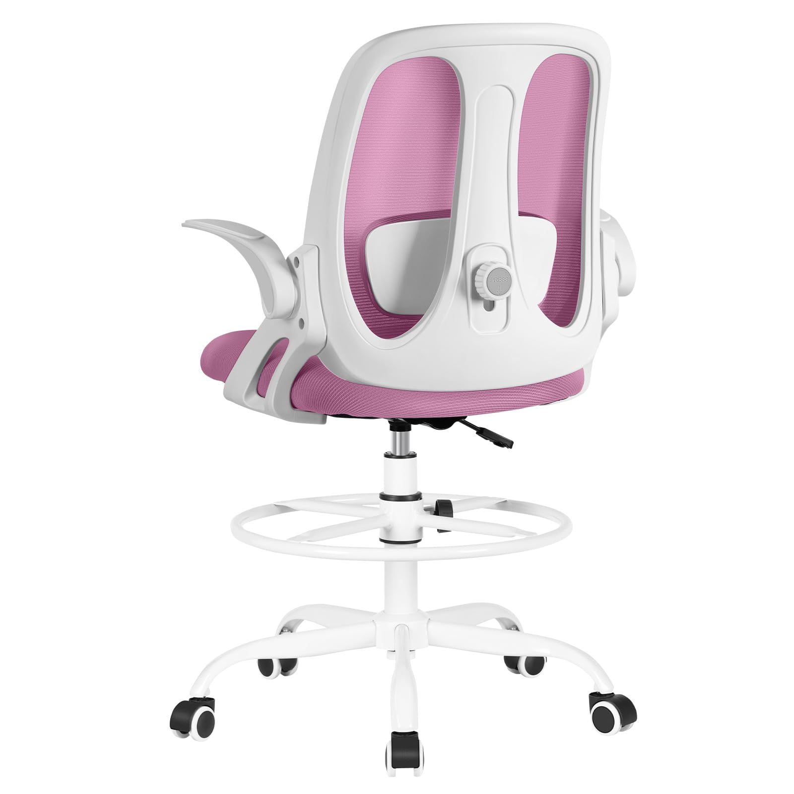 Ergonomic Drafting Chair with Adjustable Lumbar Support & Flip-Up Armrests - Tall Office Stool with Footrest Ring - Pink Executive Computer Chair for Home Office, Studio, and Standing Desk Workstations