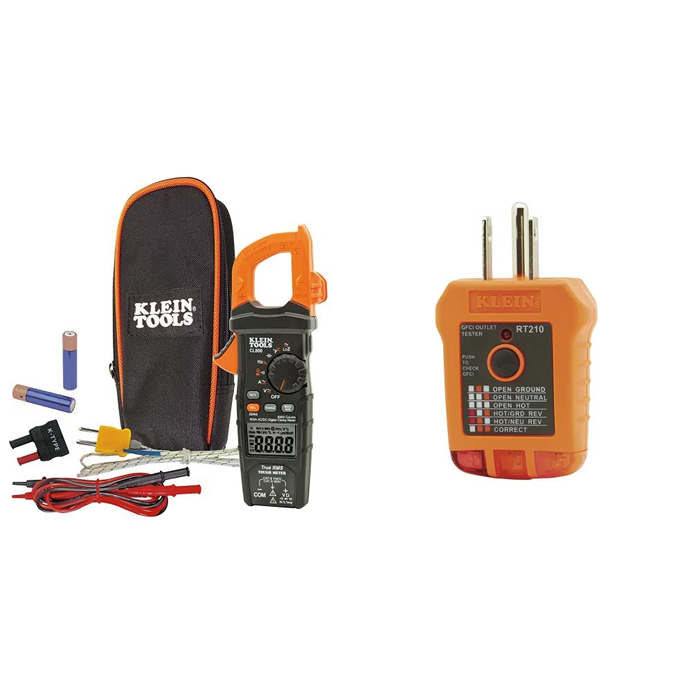 Klein Tools CL800 Digital Clamp Meter & RT210 Outlet Tester Combo - Professional GFCI/Standard AC Receptacle Tester for North American Electrical Outlets, Detects Wiring Issues - Perfect for Electricians, DIY Home Repairs and Electrical Safety Inspections