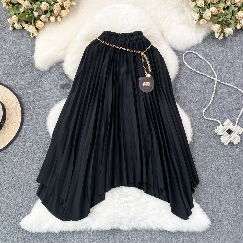 High Waist Pleated A-Line Skirt - Mid Length Irregular Hem Women's Fashion Skirt for Casual Wear, Office & Party Outfits