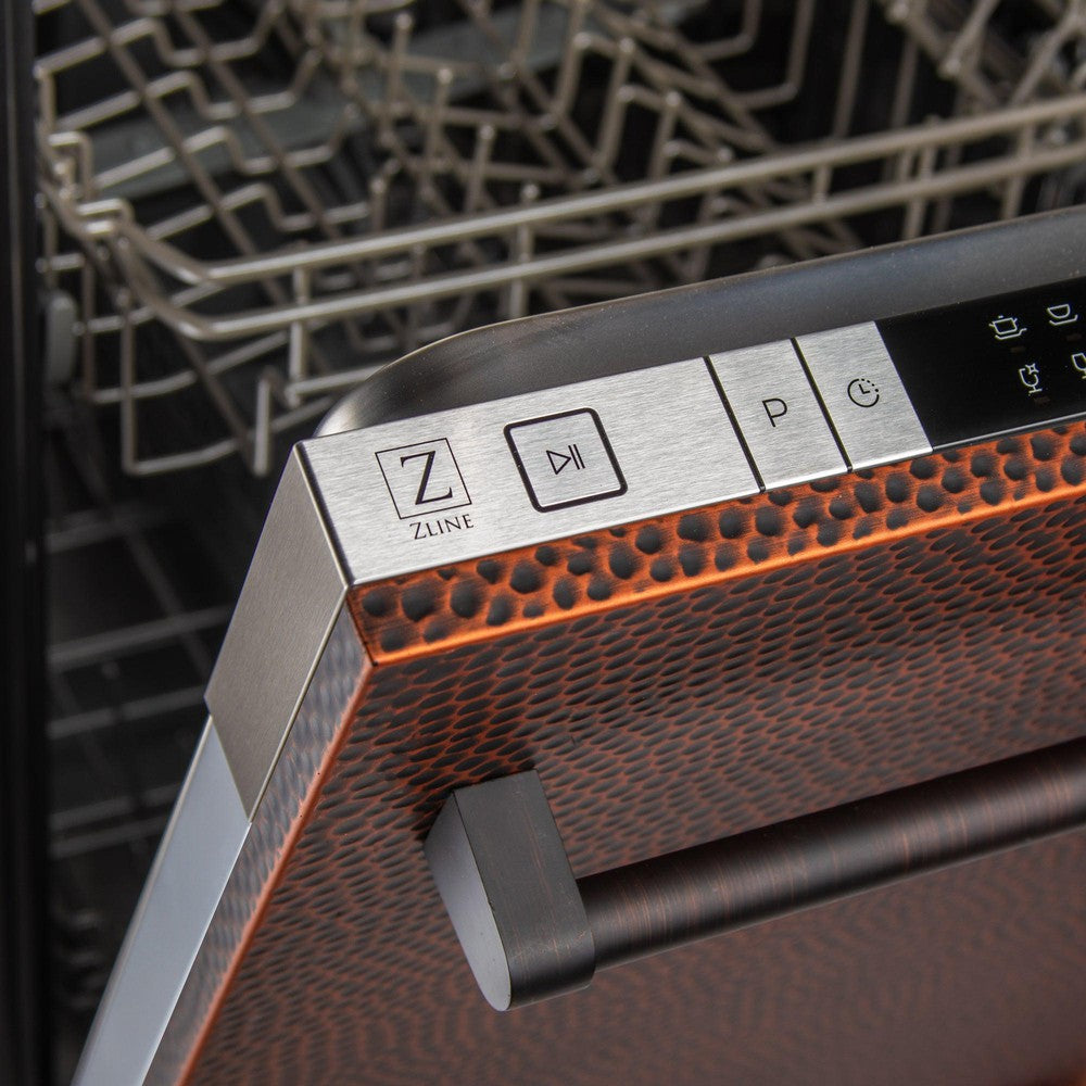 ZLINE 24 Inch Stainless Steel Top Control Dishwasher with Hand Hammered Copper Panel - Traditional Style Handle, 52dBa Ultra Quiet - Perfect for Modern Kitchens & Open Concept Homes (Model DW HH H 24)