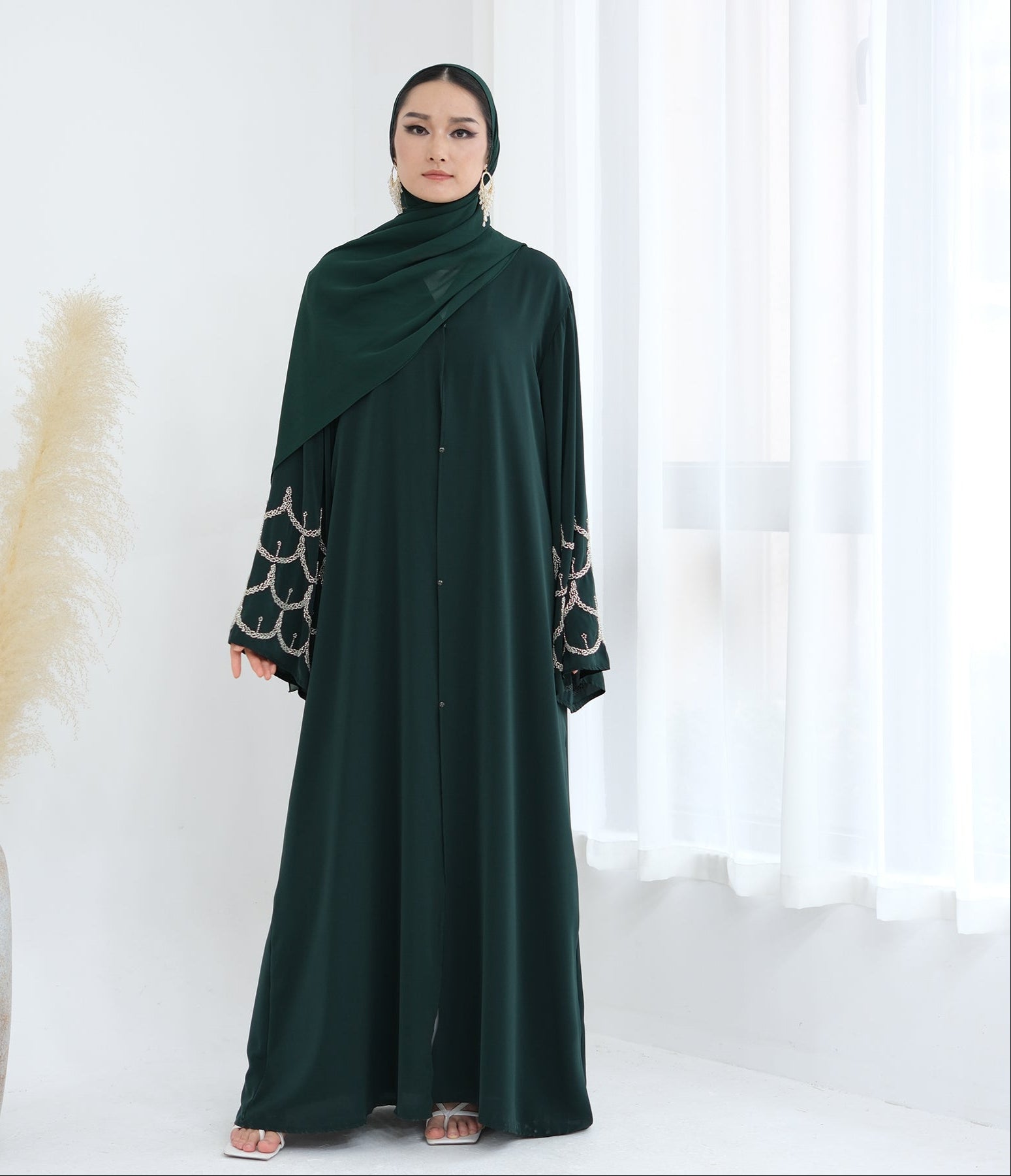 Irssane Nida Open Abaya Kimono - Elegant Emerald Green Muslim Prayer Dress for Women | Perfect for Prayer, Mosque, and Special Occasions