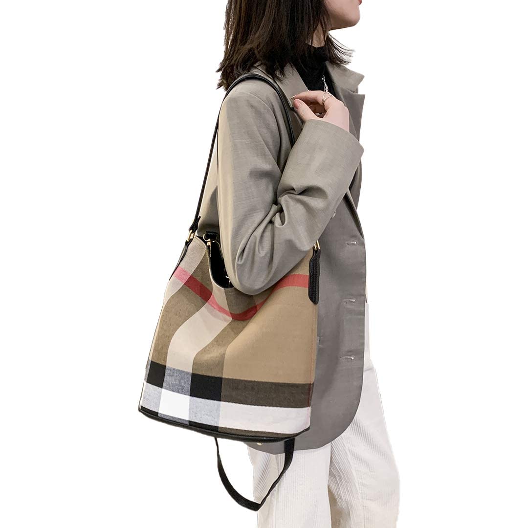 Stylish Plaid Canvas Tote Bag for Women - Fashion Designer Shoulder Handbag & Bucket Purse in Black | Perfect for Work, Travel, and Everyday Use