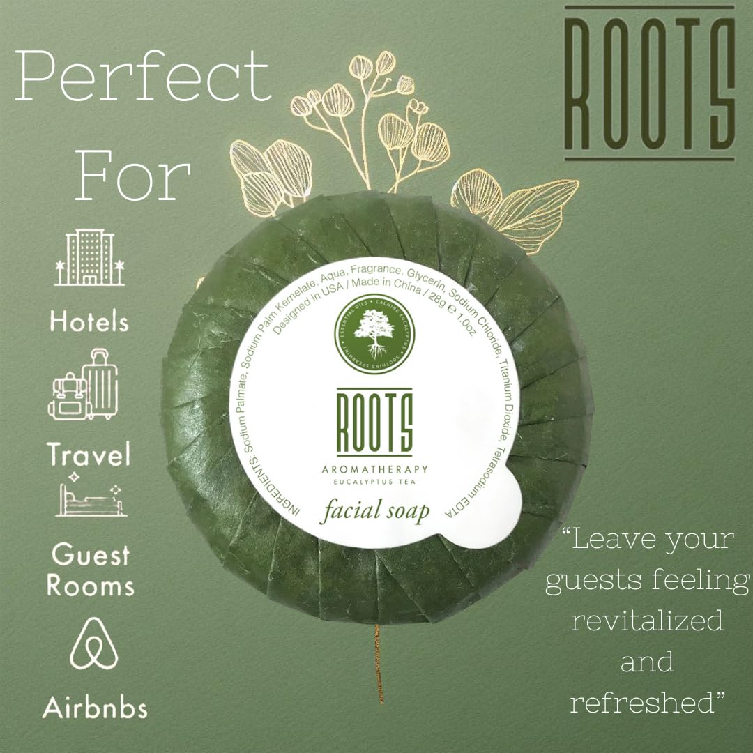 **Roots Aromatherapy Eucalyptus Tea Facial Soap - 1oz/28g Travel Size (30 Pack) - Bulk Hotel Toiletries for Bathroom, Guests, Lodging & Motels - Perfect for Travel, Spa & Home Relaxation**
