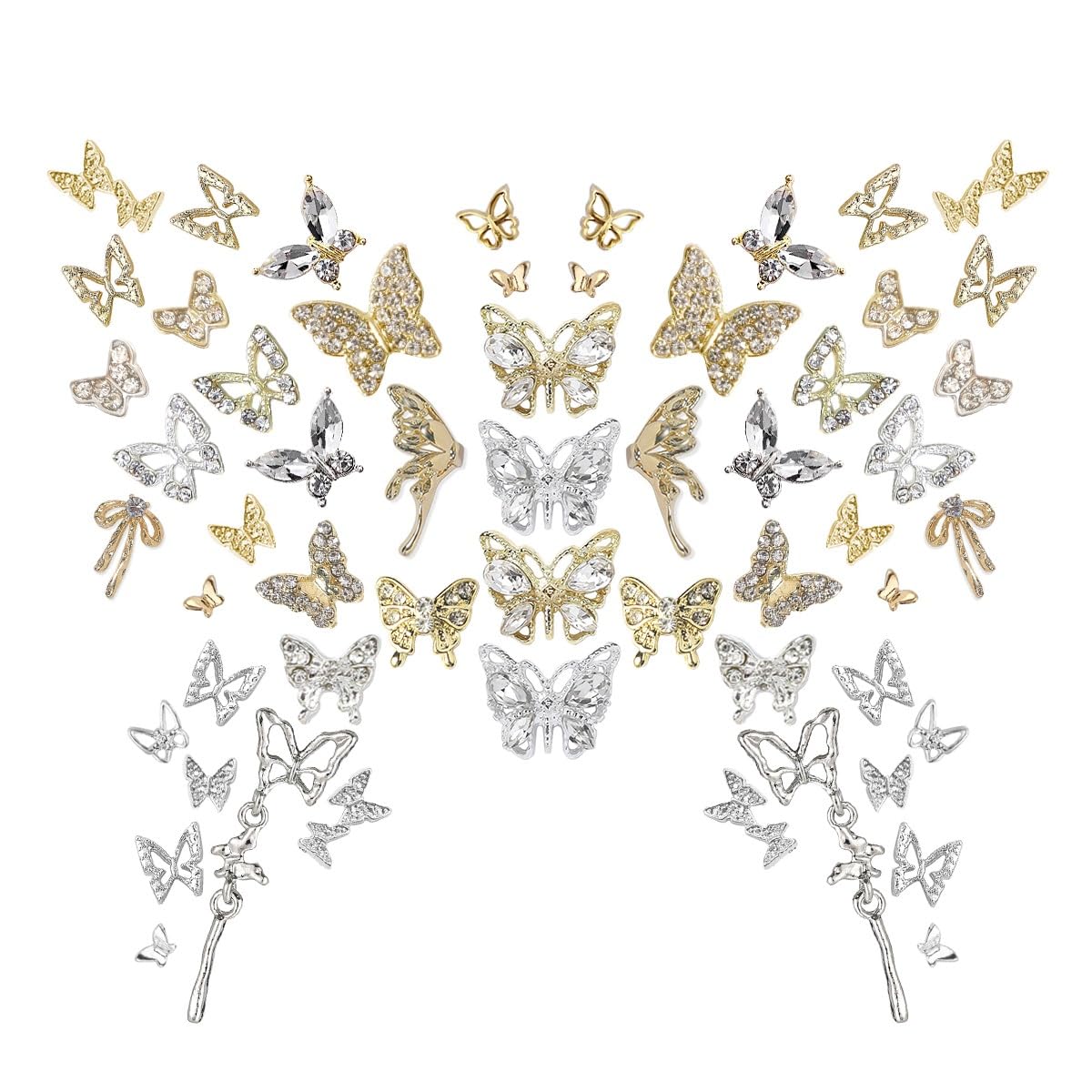 56Pcs Butterfly Nail Charms - 3D Alloy Rhinestones in Gold & Silver for Nail Art | Shiny Crystal Diamonds Decorations | DIY Manicure Supplies | Perfect for Acrylic Nails, Gel Polish & Professional Salon Use