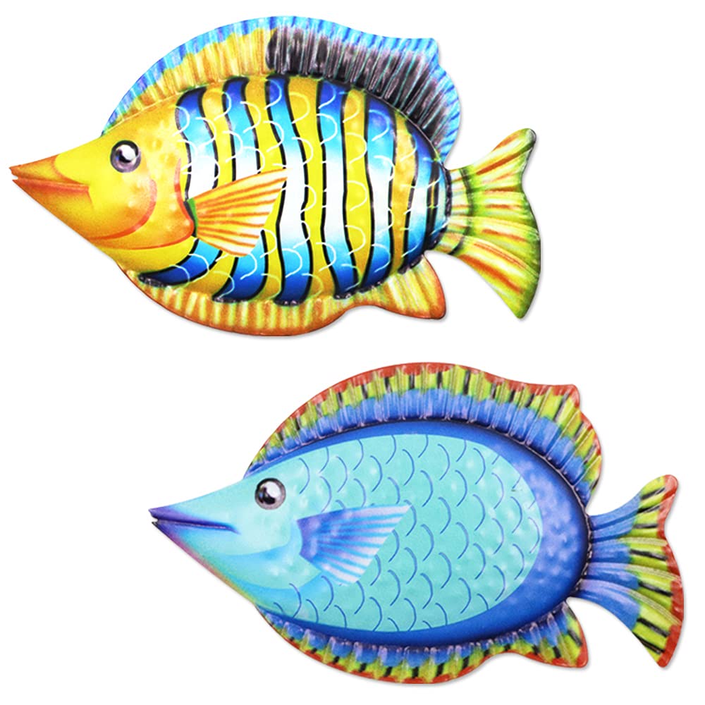 2Pcs Metal Fish Wall Art Decor - Ocean Themed Tropical Fish Sculptures for Home & Office - Handcrafted Blue & Orange Metal Wall Decor - Perfect for Beach House, Living Room, Bedroom & Bathroom Decor