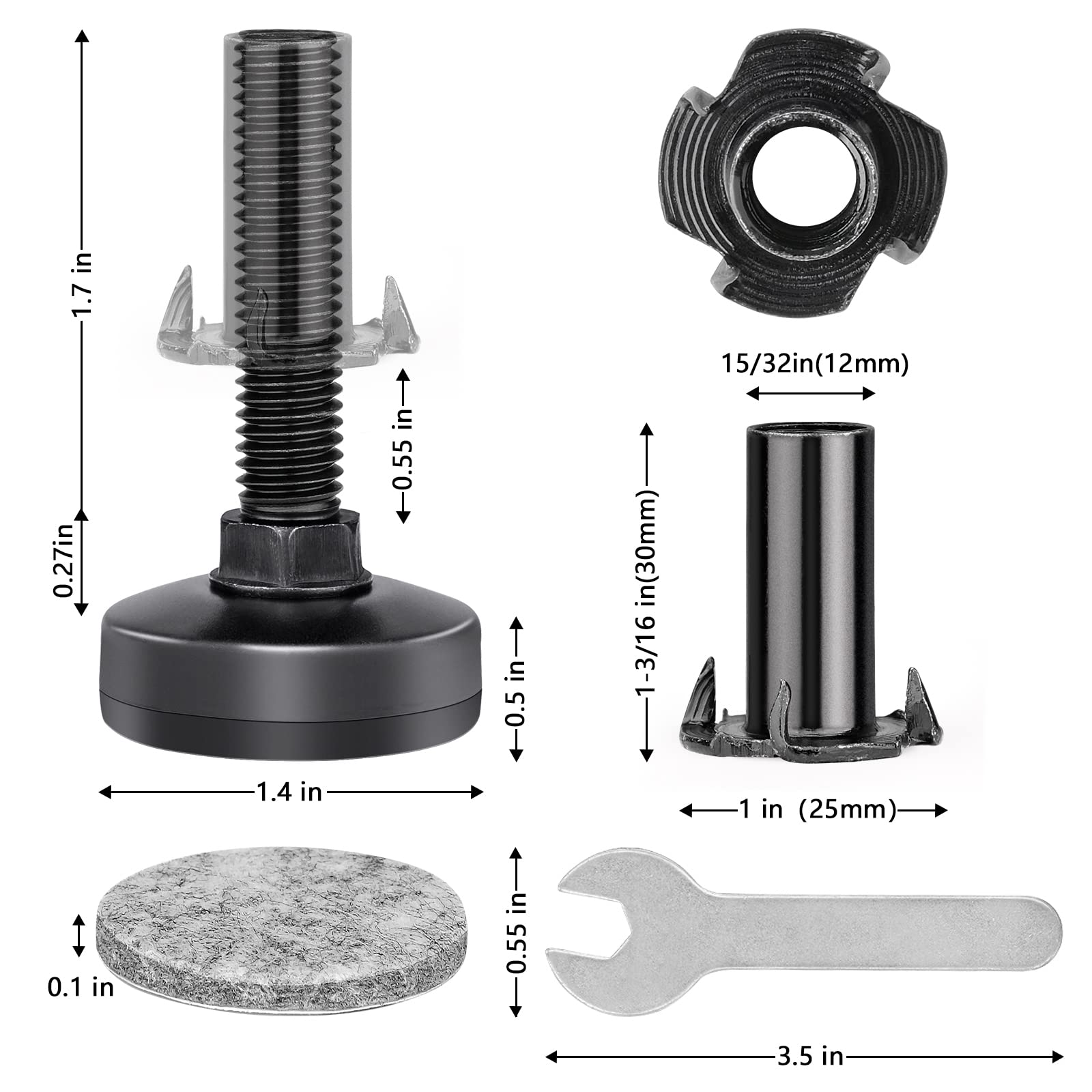 Heavy Duty Adjustable Furniture Leveling Feet M10 Thread with T-Nut Kit - 8 Pack for Cabinet, Workbench, Chair, Sofa - Large Base Supports 2640LBs - Perfect for Uneven Floors, Home Office, Garage & Workshop Use