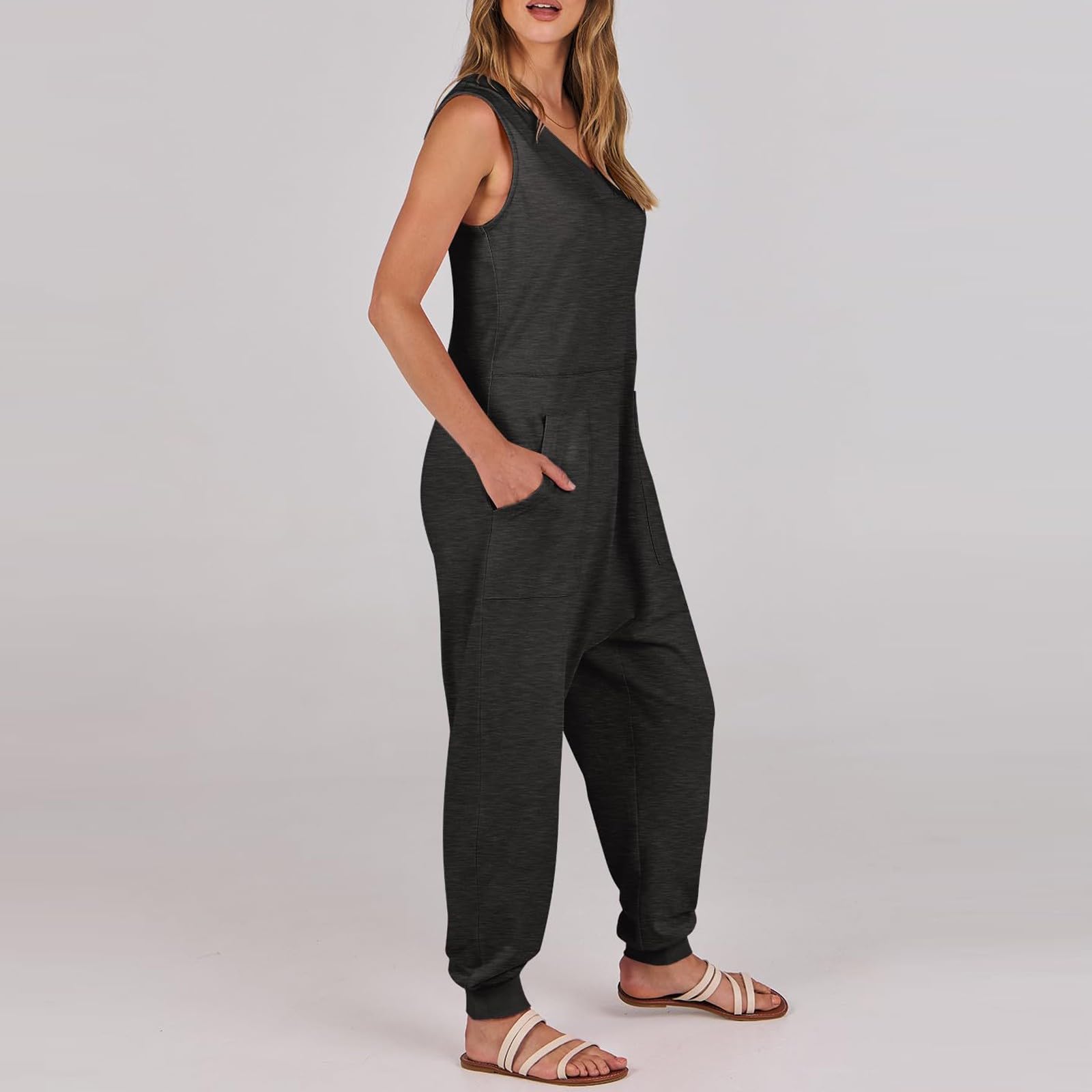 Women's Sleeveless V-Neck Jumpsuit - Casual Summer Romper with Pockets | Long Harem Pants, Baggy Overalls for Beach, Travel & Everyday Wear