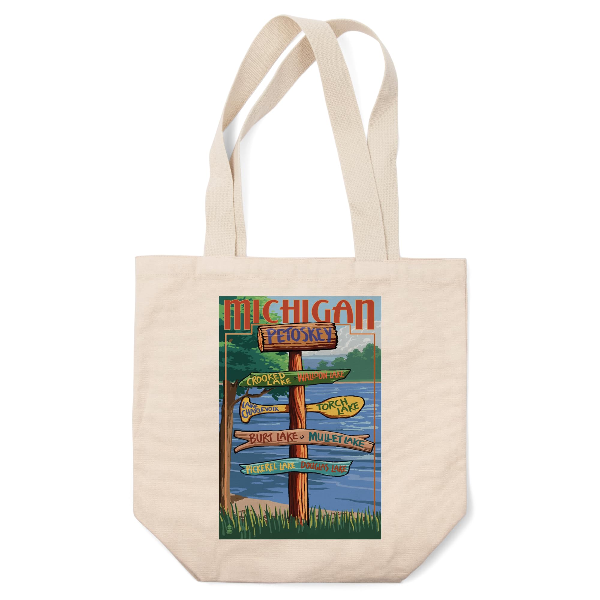 Lantern Press Petoskey Michigan Destinations Sign Tote Bag - 100% Cotton Canvas Reusable Shopping Bag for Groceries, Beach & Travel