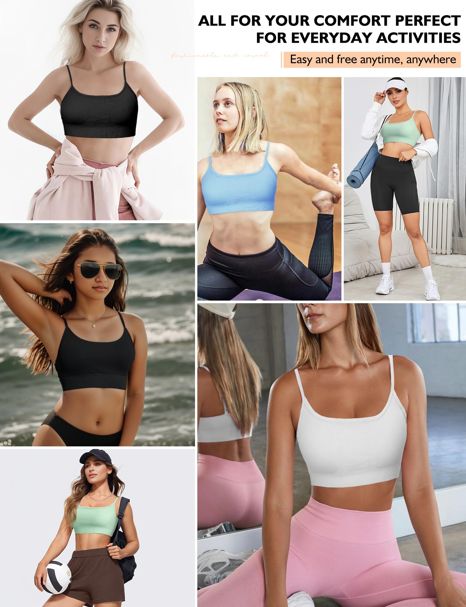 Women's Scoop Neck Sports Bras - Adjustable Spaghetti Strap Workout Bras with Padding, Wireless Yoga Bras for Running, Gym & Active Lifestyle