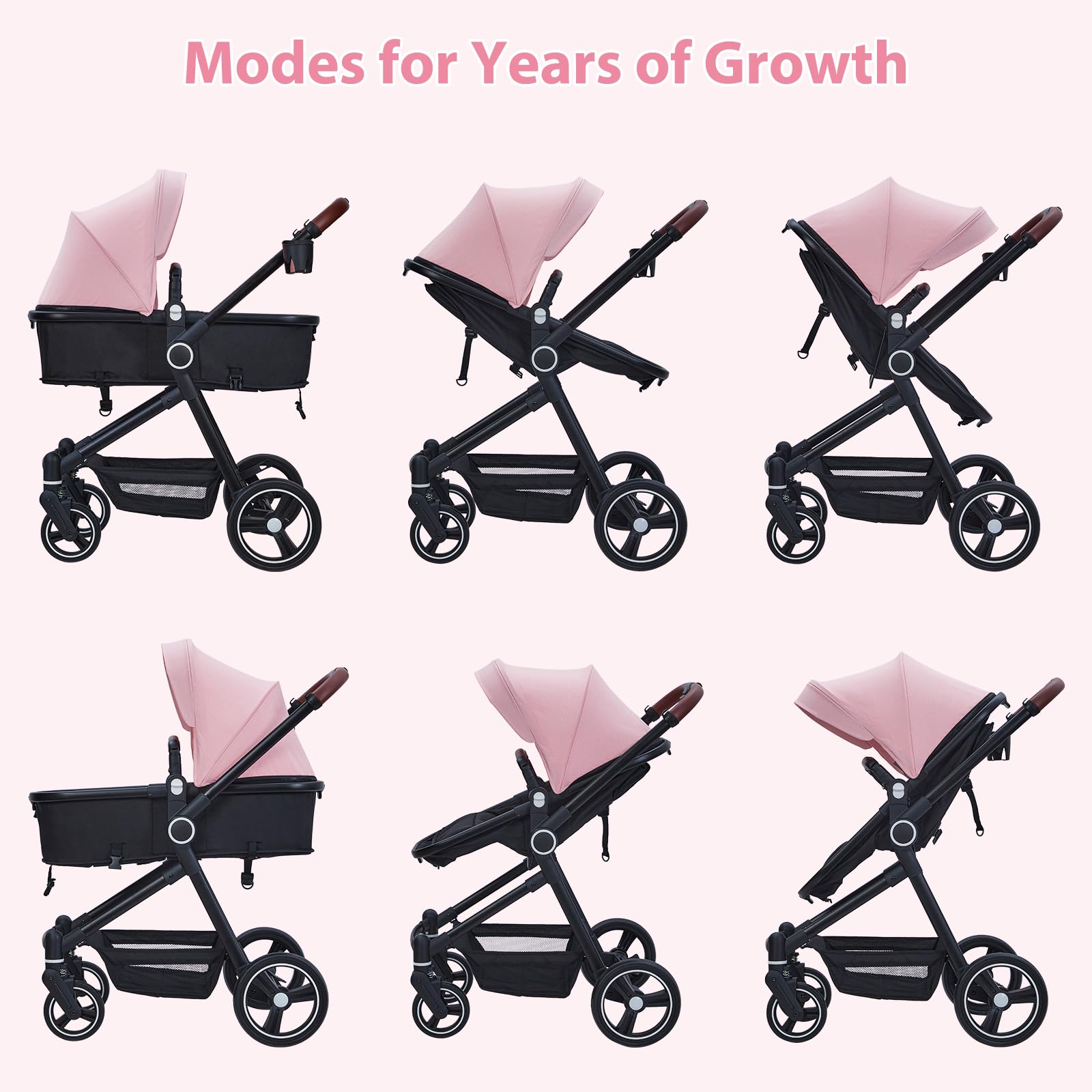 Convertible Baby Stroller with Bassinet Mode - Lightweight Foldable Aluminum Alloy Stroller for Newborns & Infants | Adjustable Reclining Seat & Shock Absorption | Perfect for Travel, Shopping & Outdoor Walks (Pink)