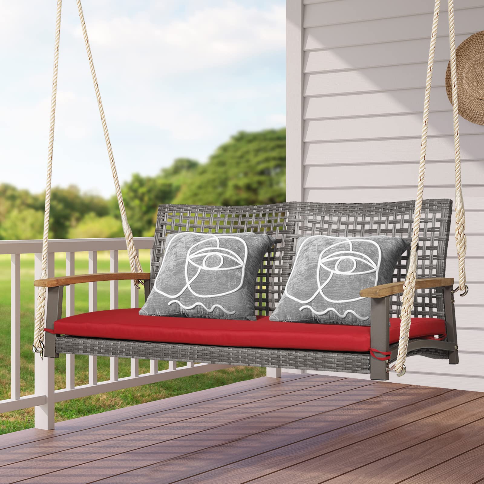 Happygrill 2-Person Outdoor Rattan Swing Chair with Acacia Wood Armrests - 118