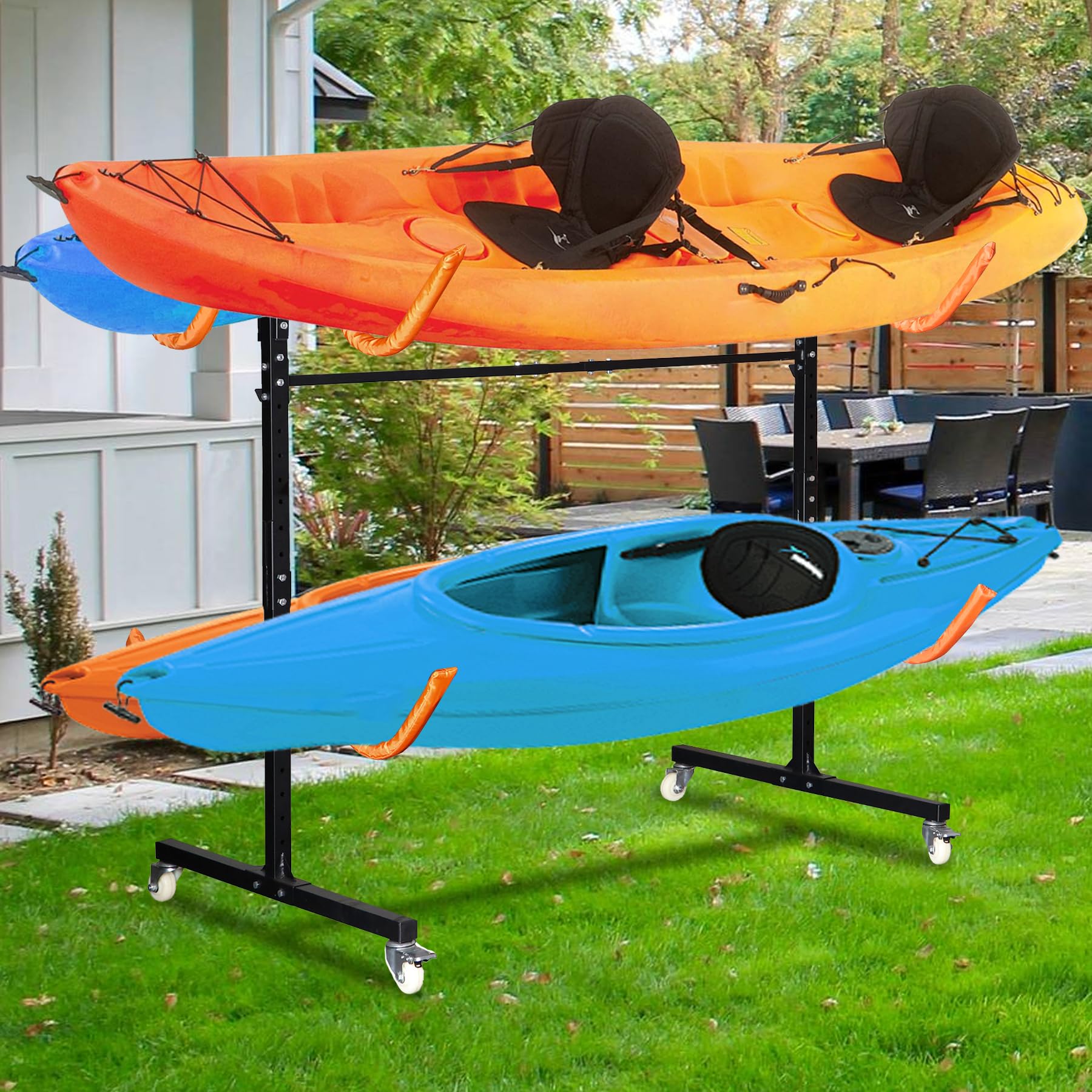 Heavy Duty Freestanding Kayak Storage Rack for 2-4 Kayaks - Adjustable Outdoor Kayak Stand with Wheels for Canoe, SUP & Surfboard | Perfect for Garage, Backyard & Boat Storage Organization