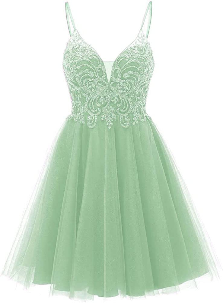 Origine Lei Women's Elegant Tulle Spaghetti Strap Short Prom Dress with Beaded Lace - Perfect for Homecoming, Cocktail Parties, and Special Occasions