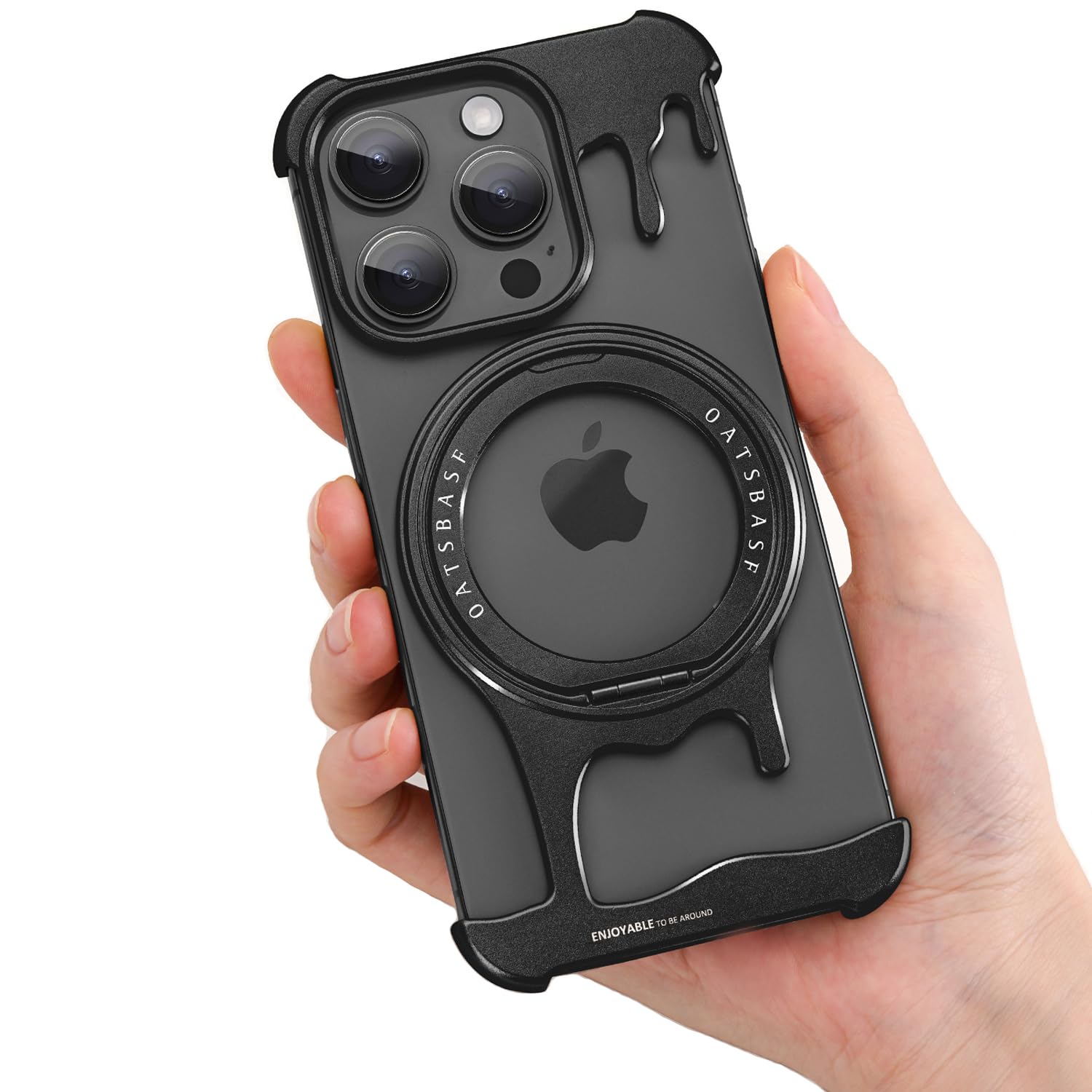 Premium Metal Frameless Bumper Case for iPhone 15 Pro Max - 360° Rotatable Magnetic Kickstand | Slim Shockproof Aluminum Protective Cover | Perfect for Work, Travel & Outdoor Activities (Black)