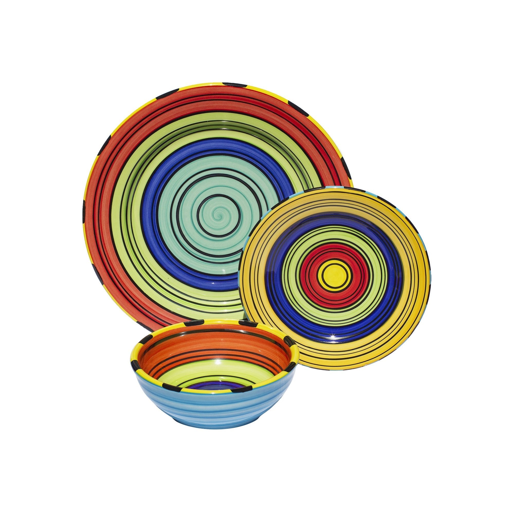 12-Piece Colorful Striped Dinnerware Set - Acapulco Style Porcelain Plates, Bowls & Mugs for Casual Dining, Entertaining & Everyday Use