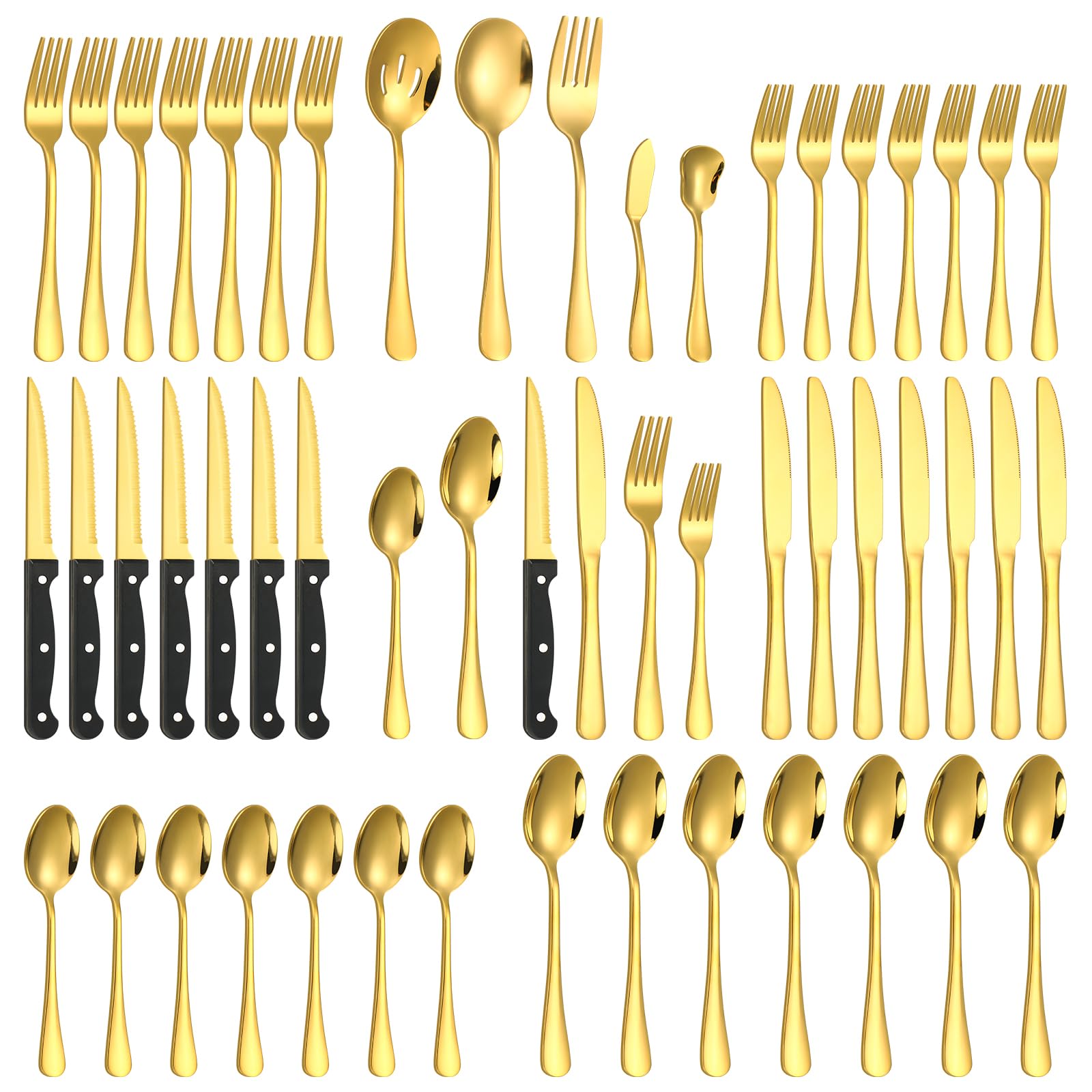 53-Piece Gold Silverware Set for 8 - Premium 18/10 Stainless Steel Flatware Set with Steak Knives & 5-Piece Serving Utensils - Elegant Cutlery Set for Restaurants, Hotels & Home Dining - Dishwasher Safe - Perfect for Dinner Parties, Weddings & Formal Events