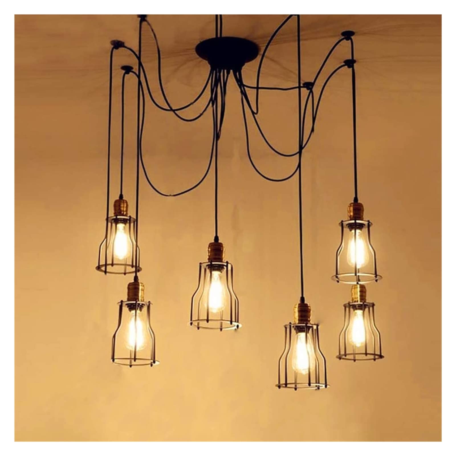 Modern Adjustable DIY Spider Chandelier - Industrial Metal Wire Cage Pendant Light for Dining Room, Kitchen & Living Room | Stylish Ceiling Lamp for Home Decor