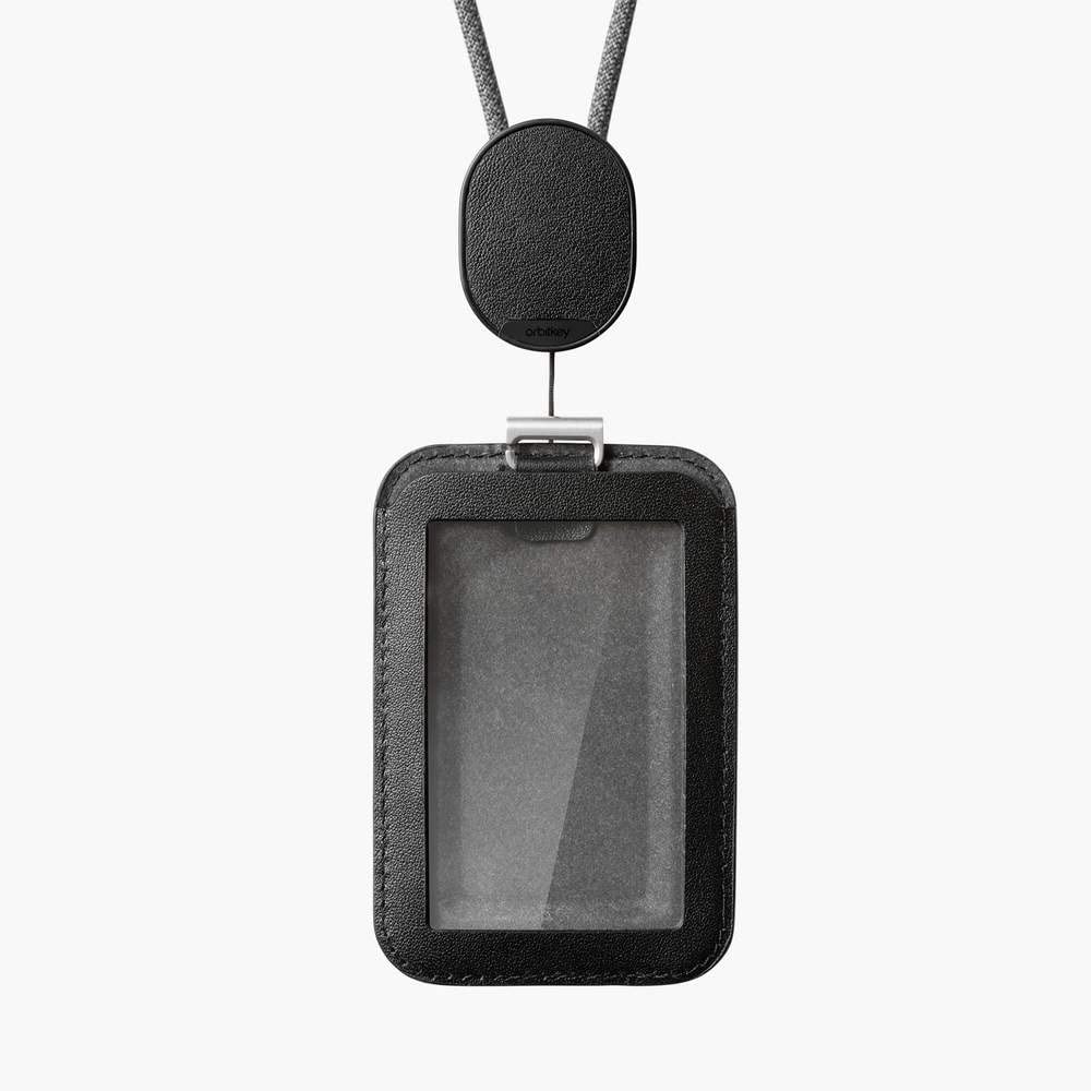 Orbitkey Pro ID Card Holder - Premium LWG-Certified Leather & Dyneema Cord - RFID Blocking for 1 Access Card + 2 Cards - Adjustable Orientation with Lanyard - Perfect for Office, Travel & Security Badges (Black)