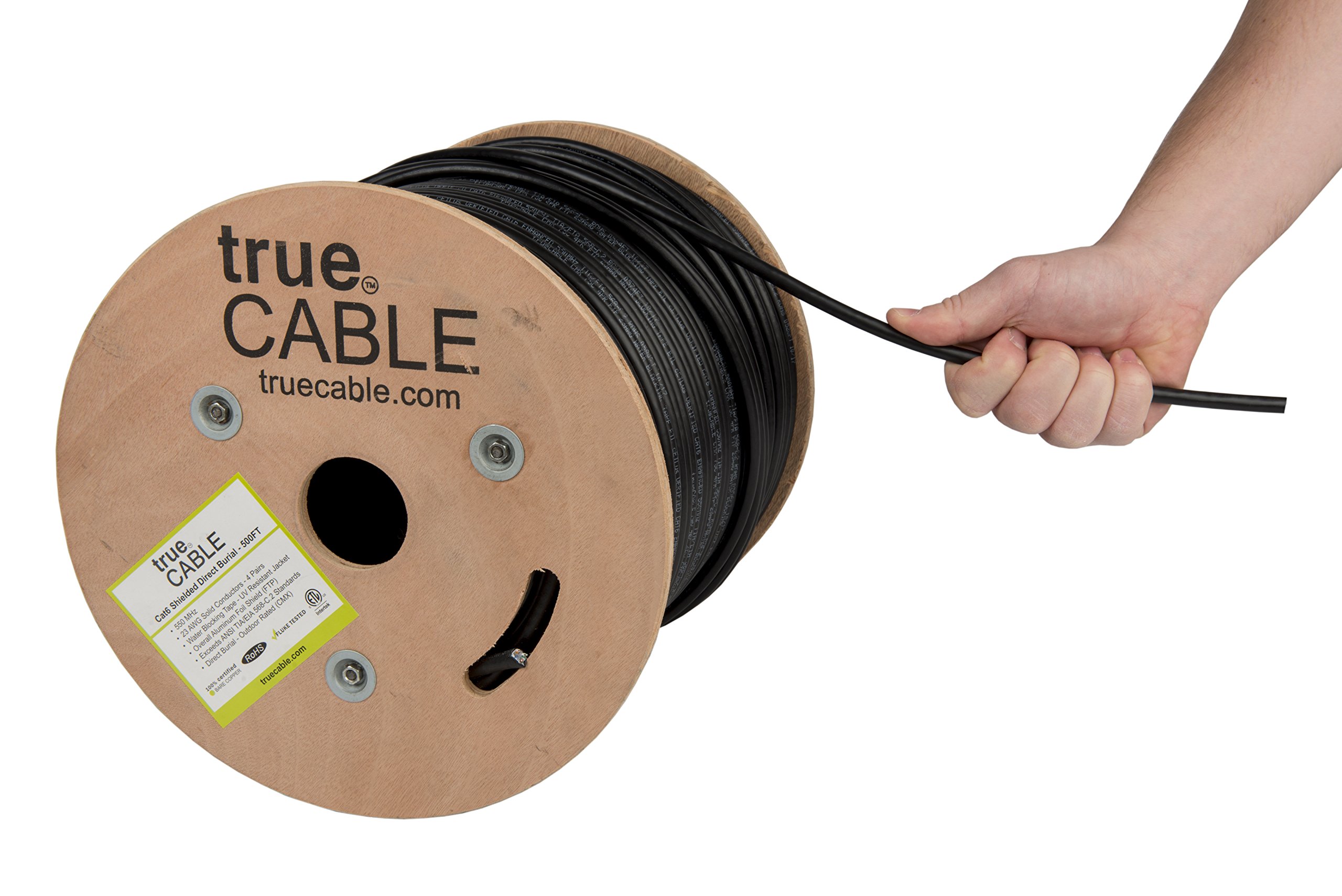 trueCABLE Cat6 Direct Burial Shielded F/UTP Ethernet Cable - 500ft Waterproof Outdoor Rated CMX, 23AWG Solid Bare Copper, 550MHz, PoE++ (4PPoE), ETL Listed (Black) - Perfect for Underground Wiring, Outdoor Security Cameras & Home Networking Installations