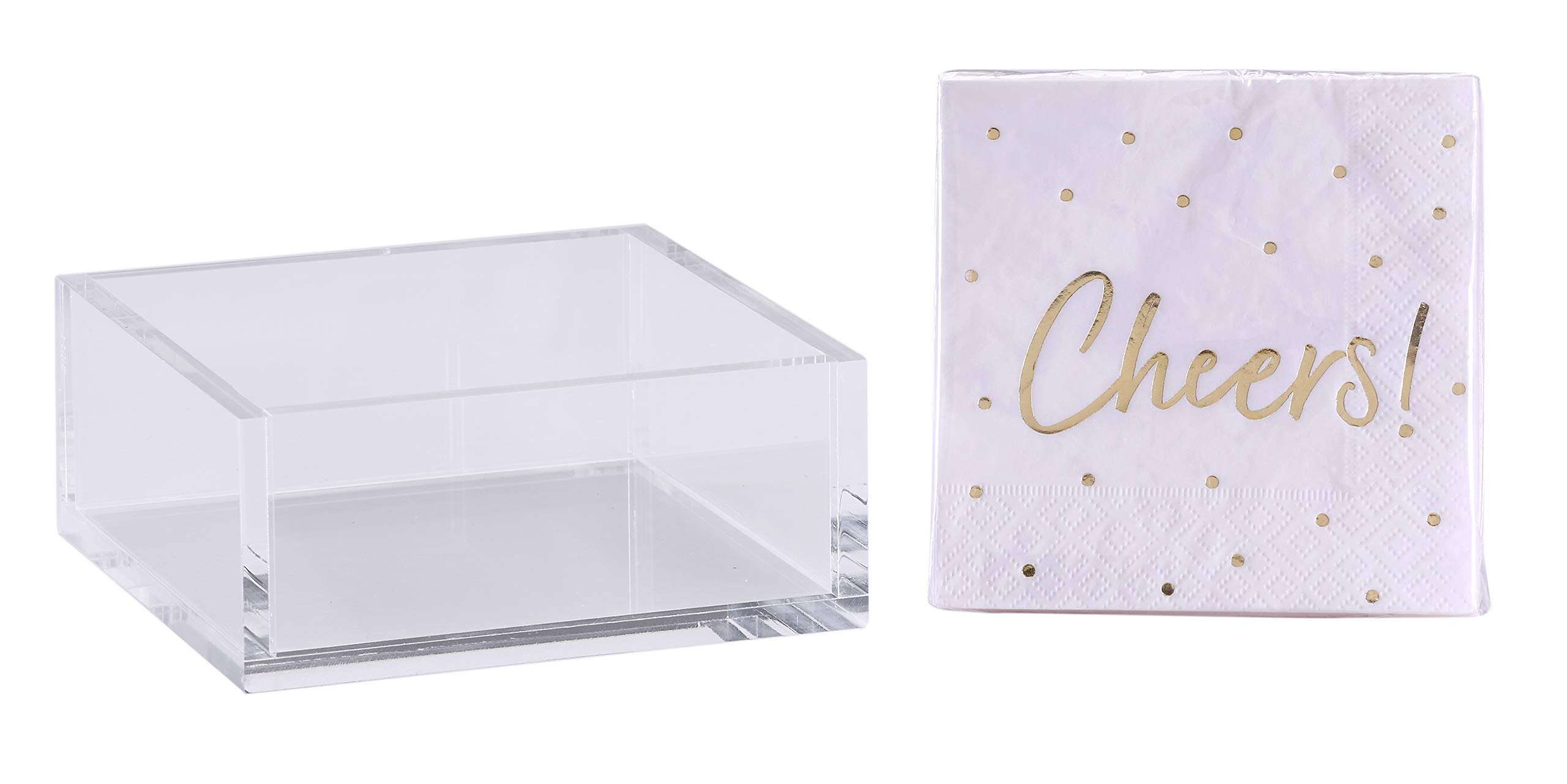 Premium 5x5 Inch Heavy Duty Acrylic Cocktail Napkin Holder with 20 Gold Embossed 'Cheers' Napkins - Elegant Party & Event Accessory for Weddings, Bars, and Home Entertaining