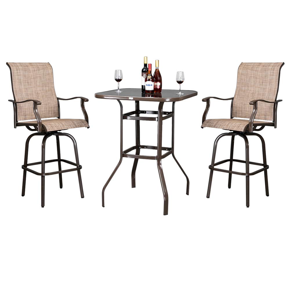 VINGLI Upgraded 3-Piece Swivel Outdoor Bar Set - 2 Swivel Bar Stools & High Top Table for Patio, Garden, Yard, Deck - Weather-Resistant Brown Bistro Set for Outdoor Dining & Relaxation