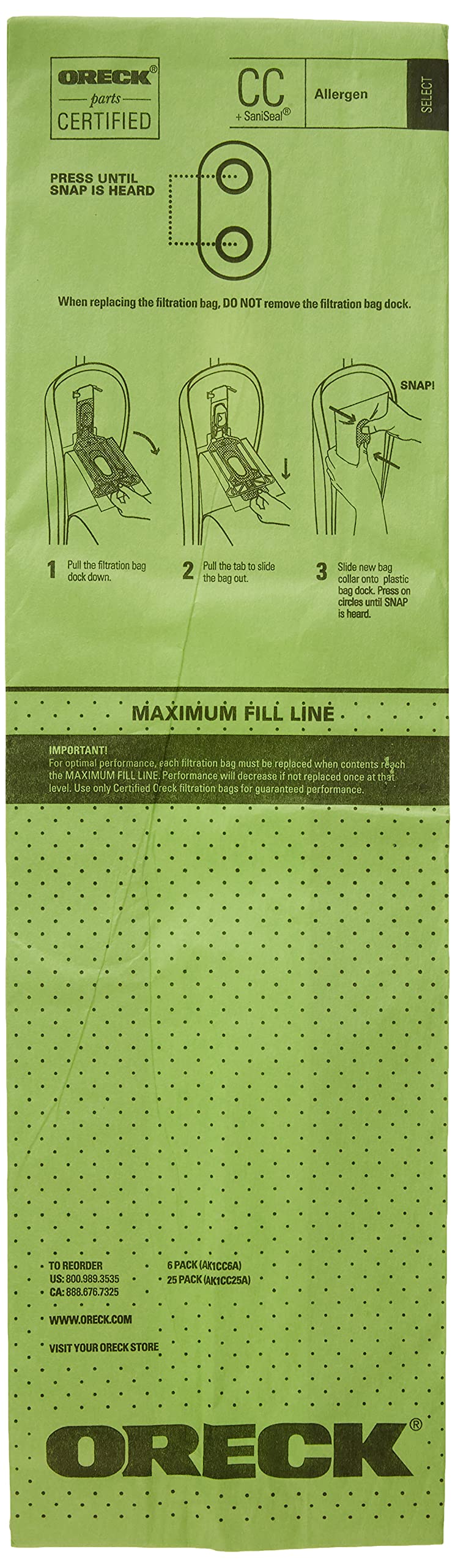 Oreck Vacuum Cleaner Bags - 25 Pack for Upright Vacuums | Type CC Allergen Filtration Bags | Green AK1CC25A Replacement | Ideal for Pet Hair, Dust & Allergen Removal in Homes & Offices