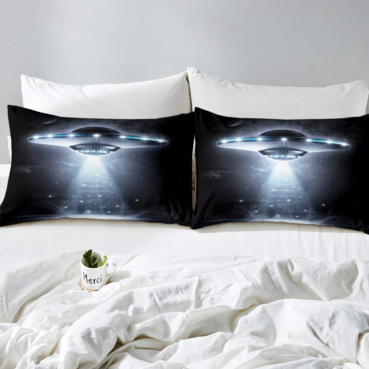 Feelyou UFO Duvet Cover Set - Alien Outer Space Themed Twin Size Comforter Cover for Kids, Girls & Teens - Supernatural Martian Microfiber Bedding Set (2PC) - Perfect for Sci-Fi Themed Bedrooms & Space Enthusiasts
