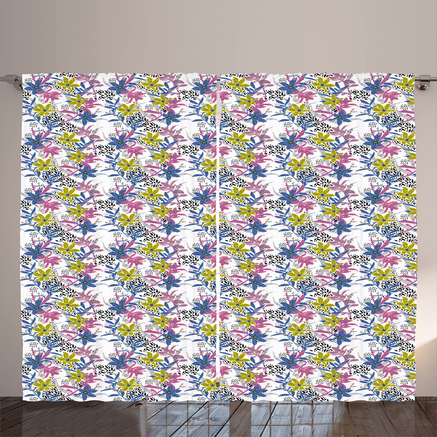 Ambesonne Botany Curtains - Pastel Daffodils Geometric Floral Print Window Drapes, 2 Panel Set 108