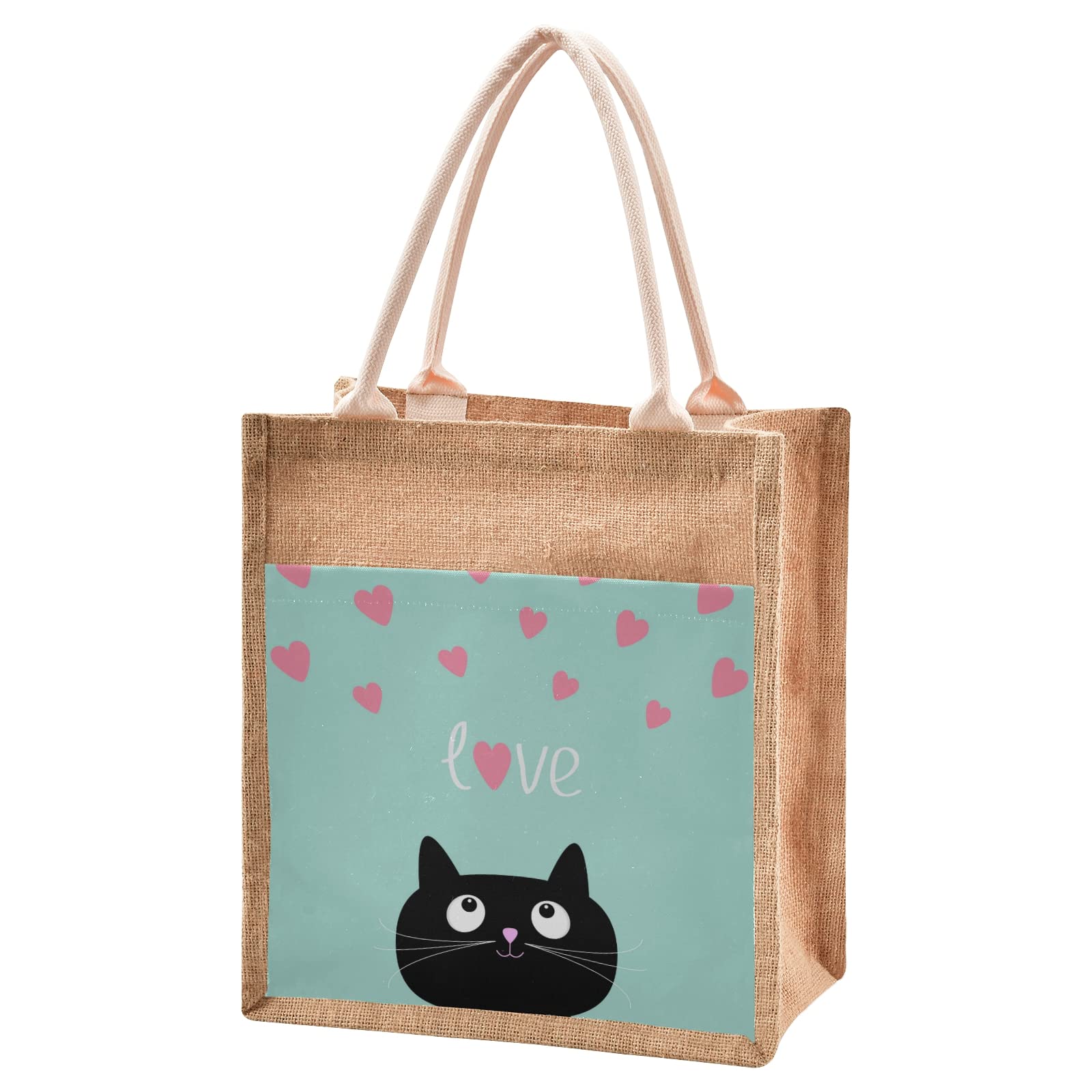 ALAZA Cat Heart Jute Tote Bag - Reusable Grocery & Beach Bag for Pet Lovers