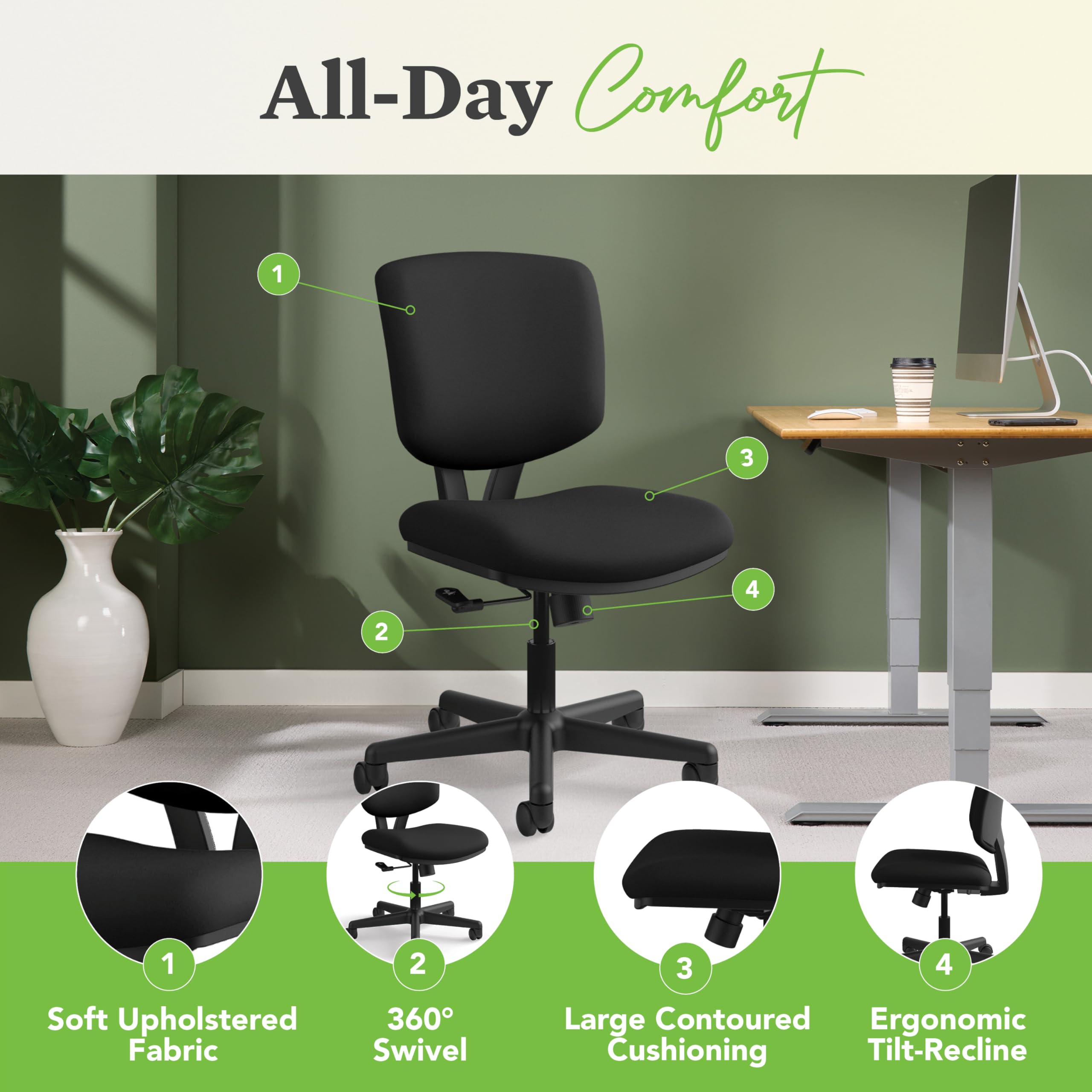 HON Volt Task Chair - Ergonomic Office Desk Chair with Adjustable Height & Lumbar Support, Black (5701) - Perfect for Home Office, Gaming & Workspace Comfort