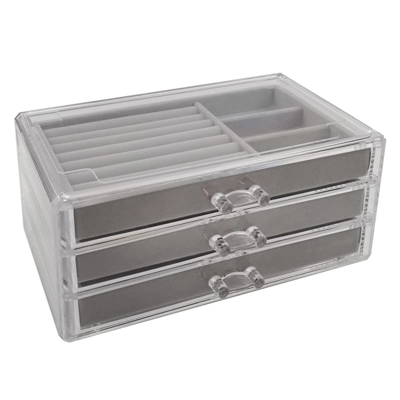 Clear Acrylic Jewelry Box with 3 Drawers - Velvet Lined Jewelry Organizer for Women | Earring, Ring, Necklace & Bracelet Storage Case | Perfect for Vanity Dresser, Bedroom Decor & Gift Giving