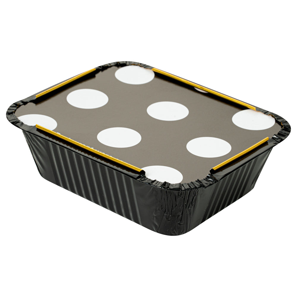 Premium 12 oz Black & Gold Aluminum Takeout Containers with Polka Dot Lids - 5.75