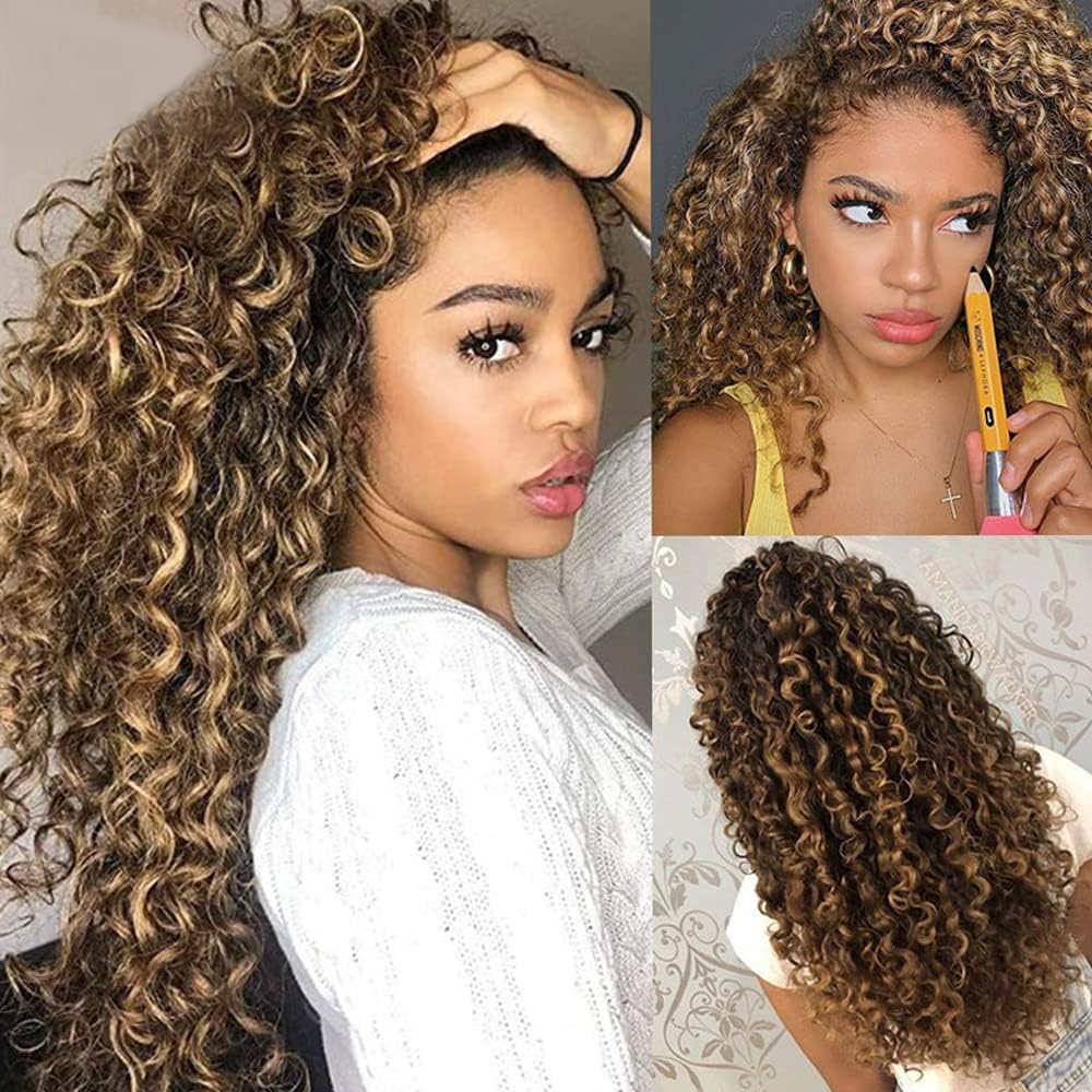 Imeya 20 Inch Ombre Highlight Blonde Brown Lace Front Wigs - 13x6 Transparent Human Hair Wig with Baby Hair for Black Women | 150% Density Brazilian Deep Curly Glueless Wig | Perfect for Daily Wear, Parties, Cosplay & Special Occasions