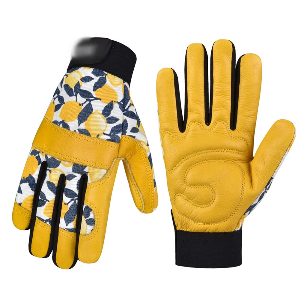 Premium Cowhide Leather Gardening Gloves for Women - Thorn Proof, Durable & Comfortable Rose Pruning Gloves - Ideal for Weeding, Planting & Outdoor Work (Yellow, 22x10cm) - Perfect for Rose Care, Landscaping & Yard Maintenance