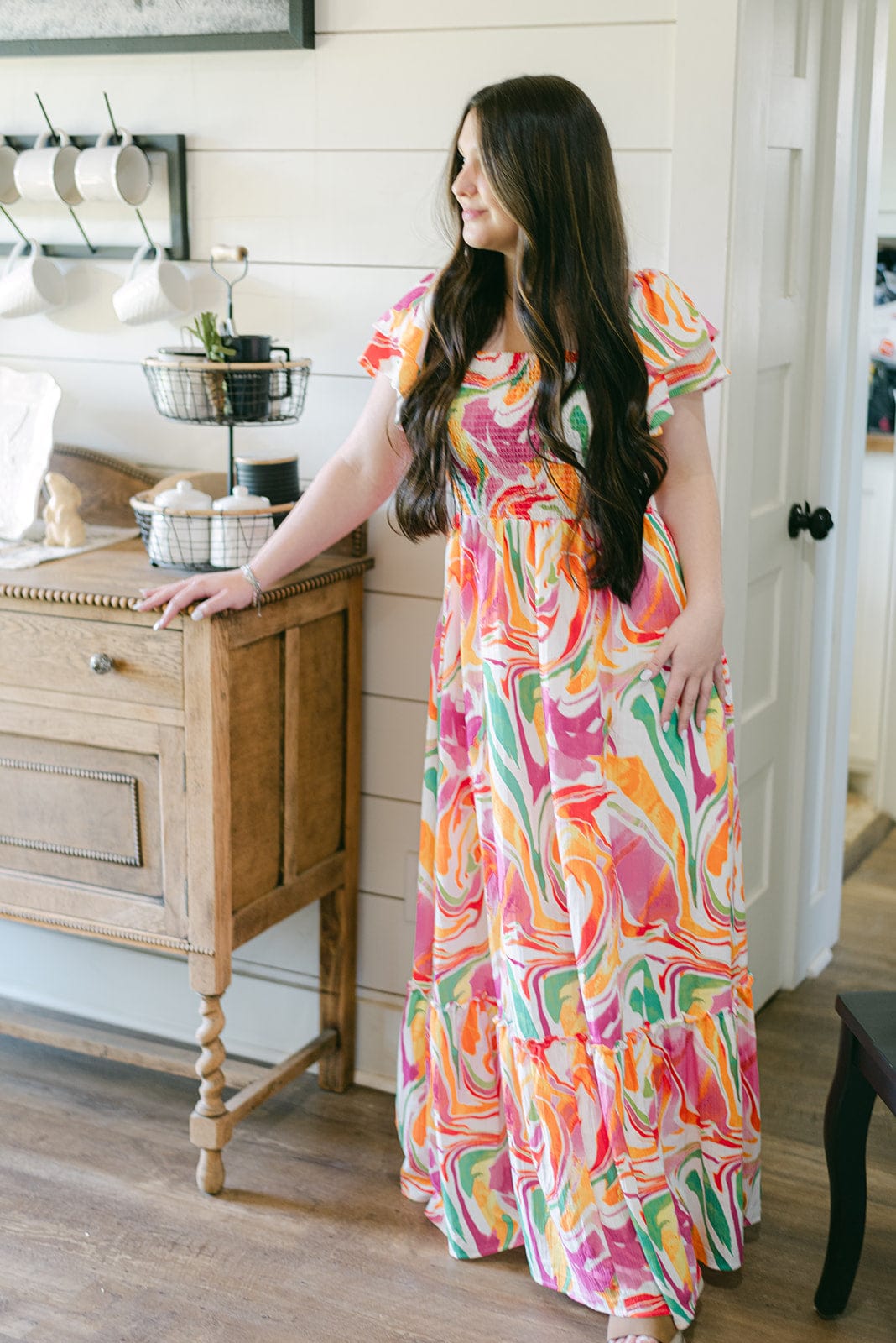 Elegant Multicolored Marble Print Maxi Dress for Women - Summer Beach Party, Wedding Guest & Vacation Outfit