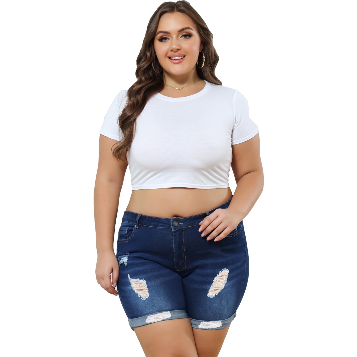 **Sghenr Plus Size Women's Ripped Denim Shorts – High Waisted Stretchy Jean Shorts with Folded Hem for Casual & Summer Outfits**
