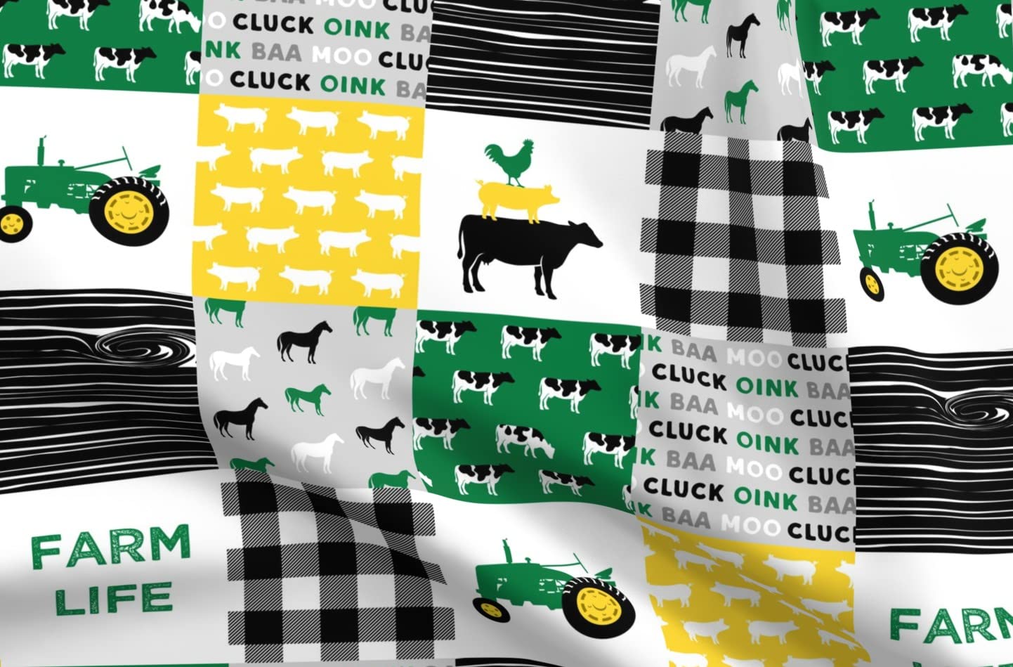 Farm Life Horse Printed Minky Fabric - Green Yellow Black Woodgrain Patchwork Fat Quarter for Sewing Baby Blankets, Quilt Backing & Plush Projects - Soft & Cozy Fabric for DIY Crafts, Nursery Decor & Home Decor