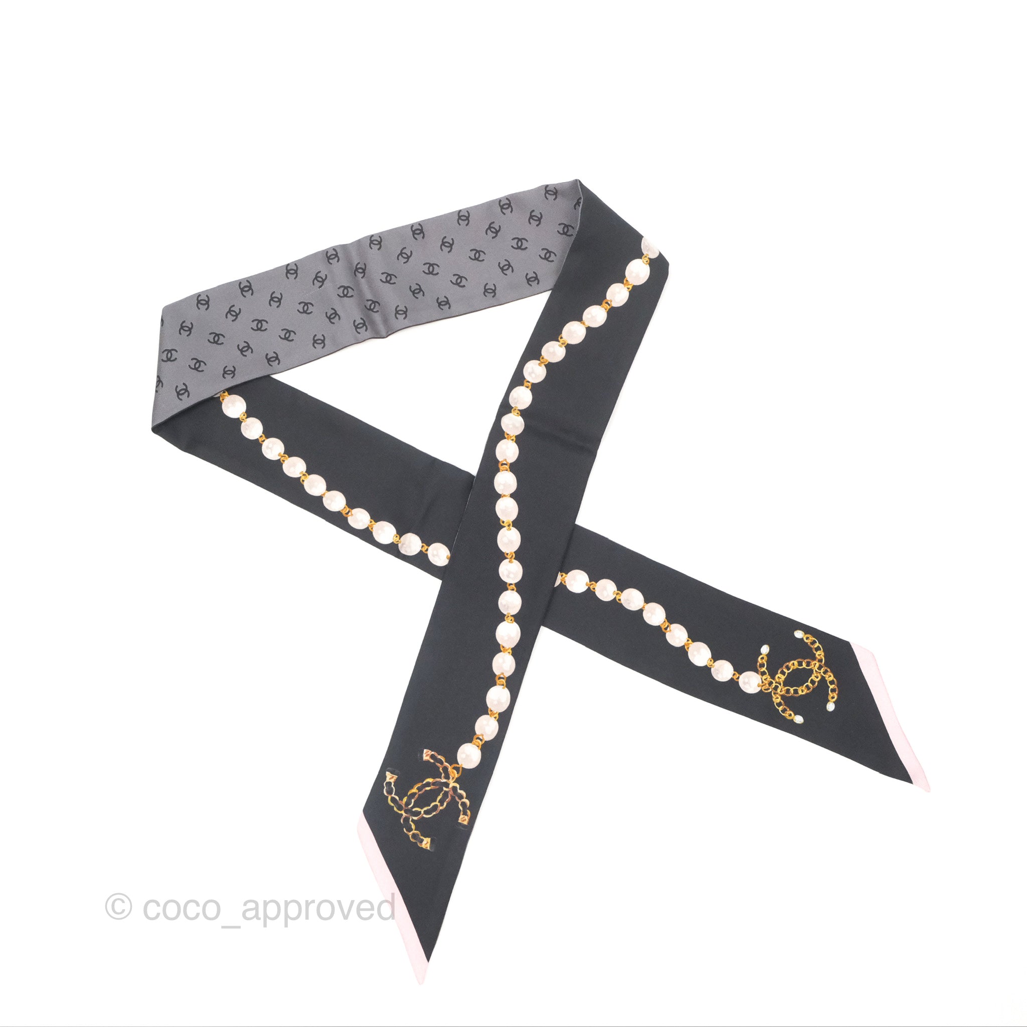 Chanel CC Pearl Print Silk Twilly Scarf - Black & Grey Luxury Fashion Accessory for Women | Perfect for Handbags, Hats & Gift Giving