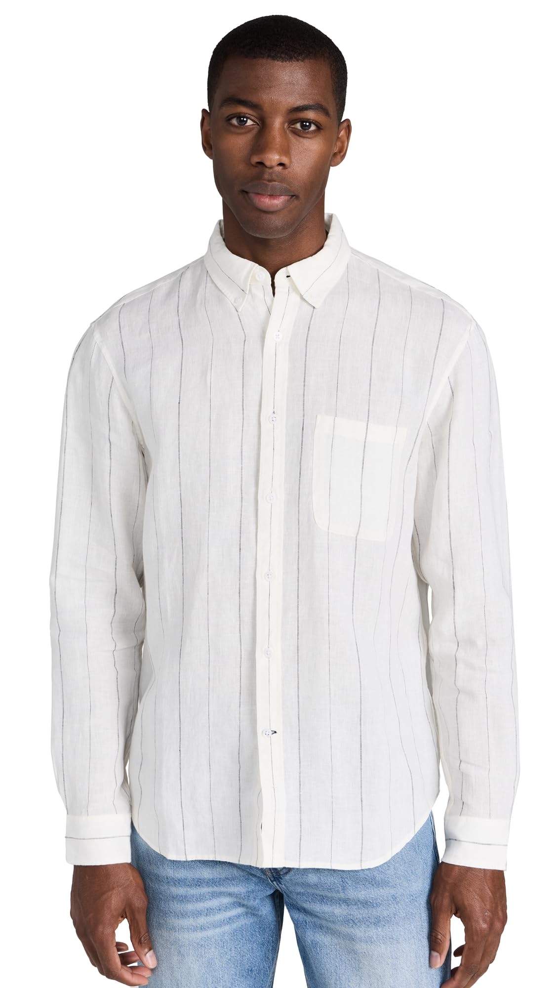 Club Monaco Men's Wide Stripe Linen Shirt - Breathable Summer Casual Button Down for Beach, Office & Outdoor Activities