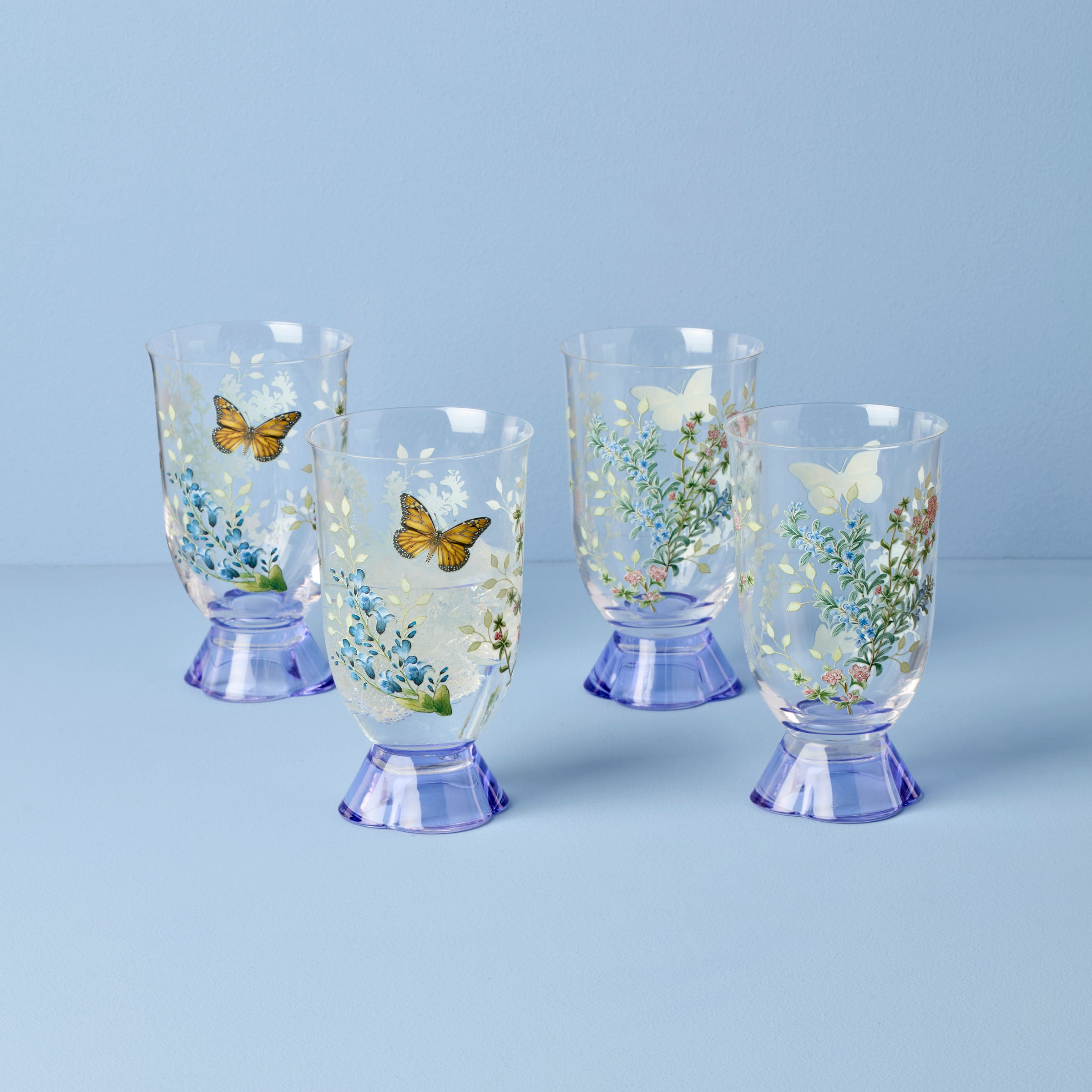 Butterfly Meadow Herbs Tall Tumblers - Set of 4 Glass Cups for Iced Tea, Lemonade & Cold Drinks - Perfect for Summer Parties, Picnics & Outdoor Gatherings