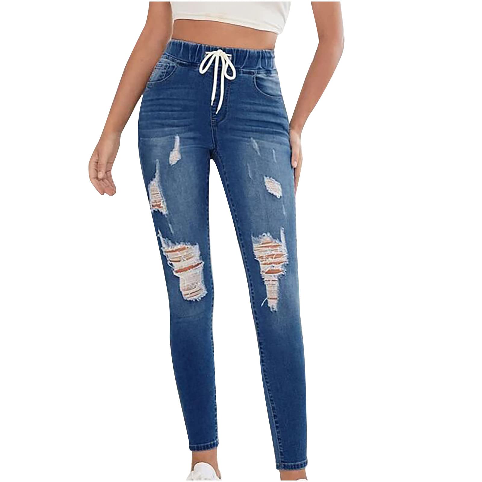 SHENGXINY Women's Ripped Jeans with Hole Bandage & Zipper Pocket - Casual Denim Flares Wide Leg Slim Pants for Streetwear & Everyday Fashion