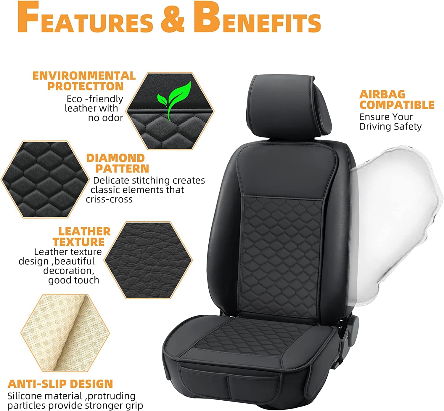 Elantrip 2-Piece Premium Leather Front Car Seat Covers - Waterproof Universal Fit for Most Cars, SUVs & Trucks (Black) - Perfect for Road Trips, Commuting & Vehicle Protection