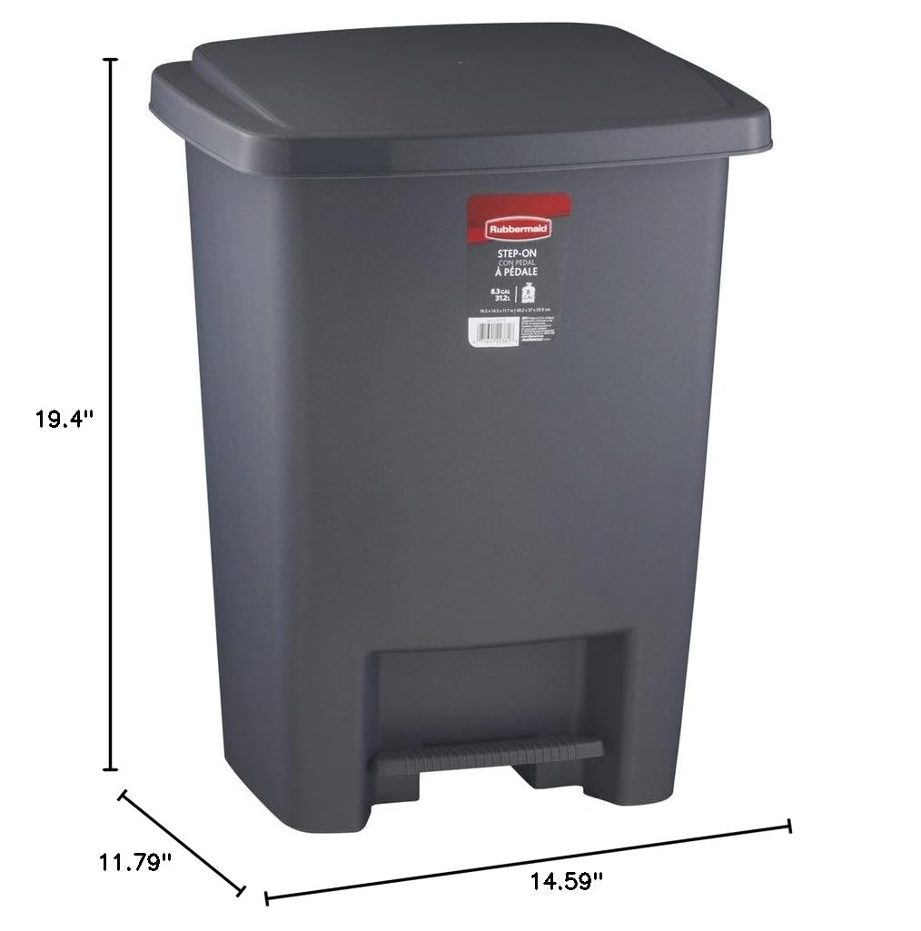 Rubbermaid Step-On Trash Can with Lid - 8.25 Gallon Gray Kitchen Wastebasket | Hands-Free Foot Pedal | Easy Clean Design for Home, Office, Bedroom & Bathroom | Durable Plastic Garbage Bin for Recycling & Daily Use