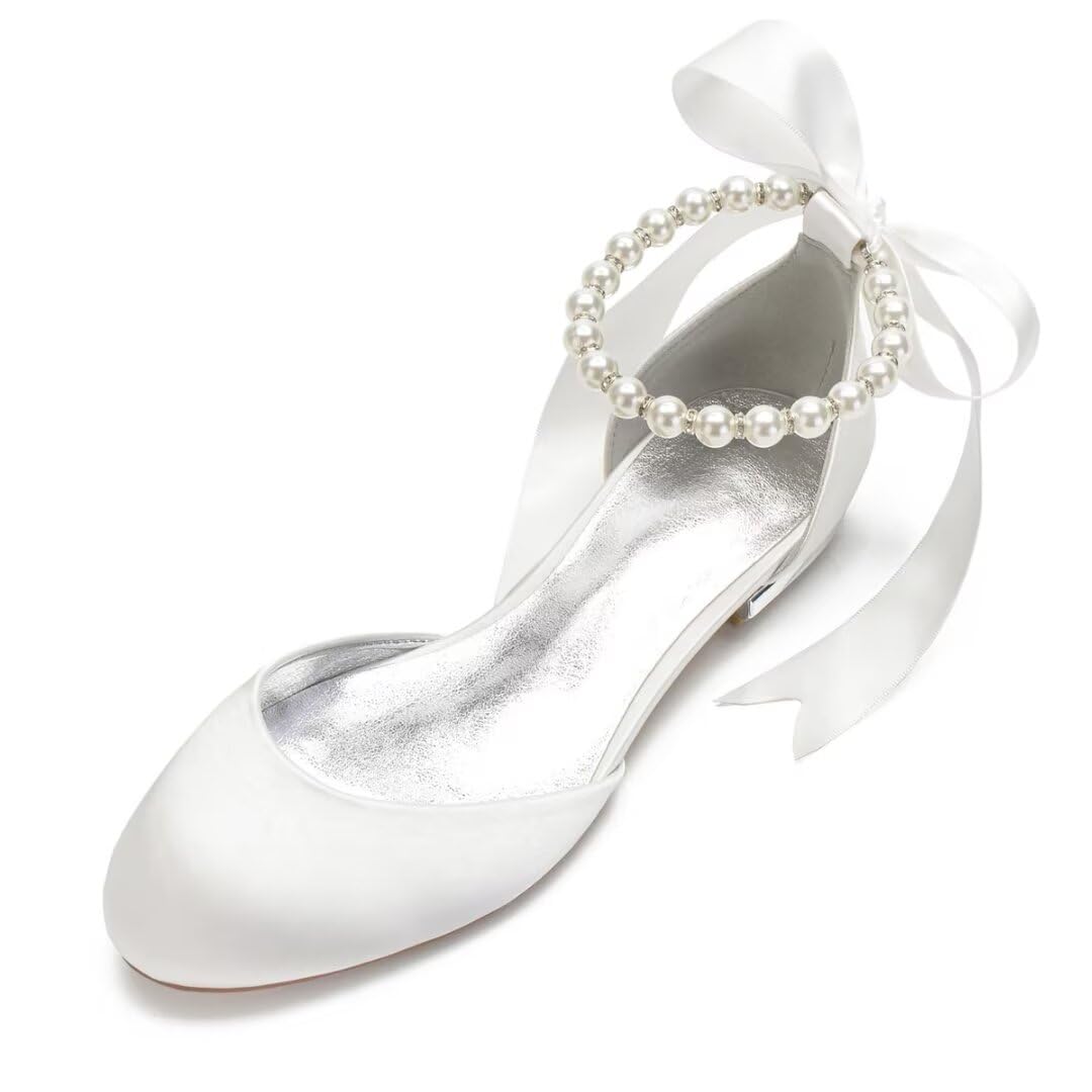 Elegant Satin Pearl Wedding Flats for Bride – Round Toe Women's Dress Shoes for Special Occasions – Perfect for Bridal Showers, Receptions & Formal Events