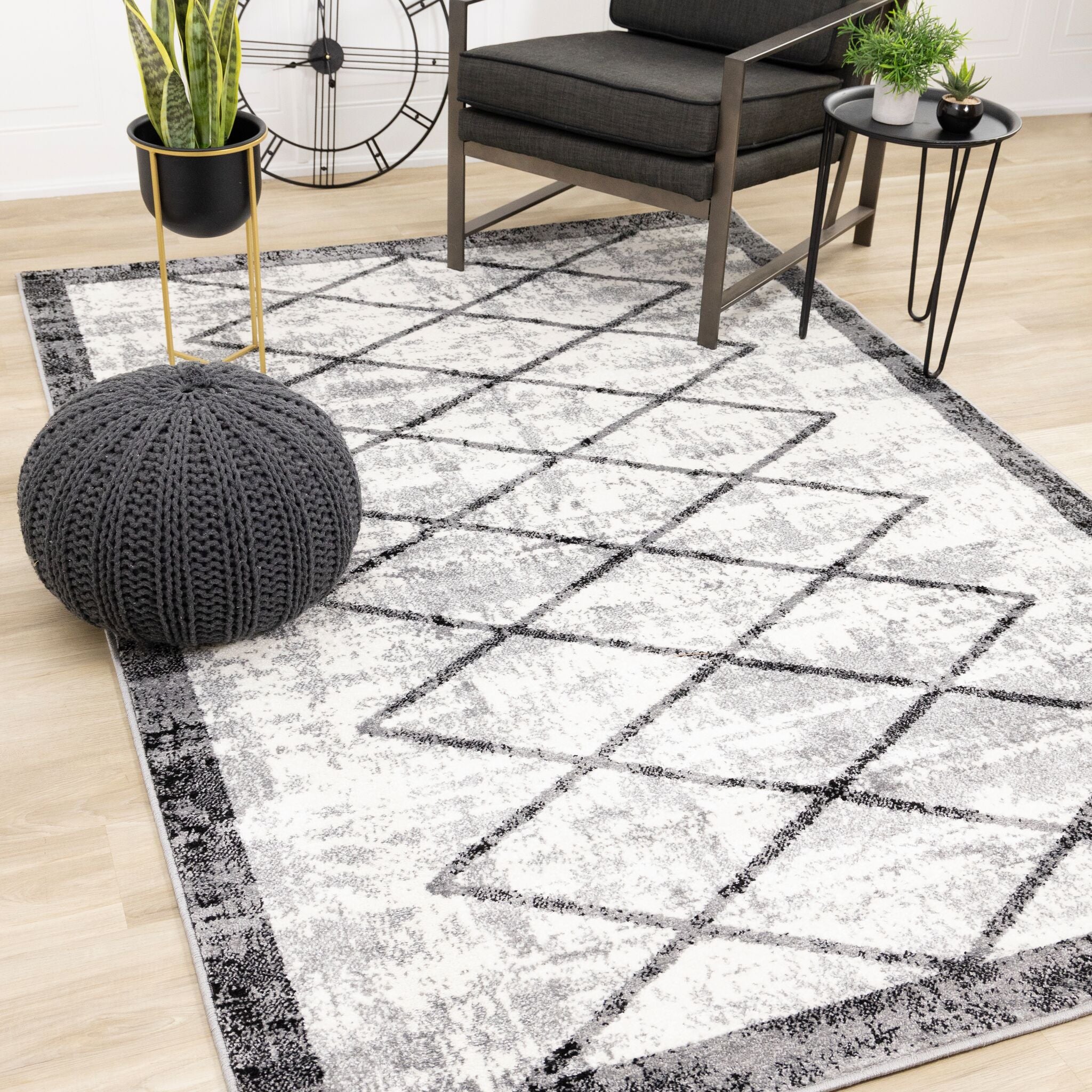 Distressed Ashwood 6'7 x 9'10 Lattice Pattern Area Rug in Grey, Black & White - Perfect for Living Room, Bedroom or Office Decor